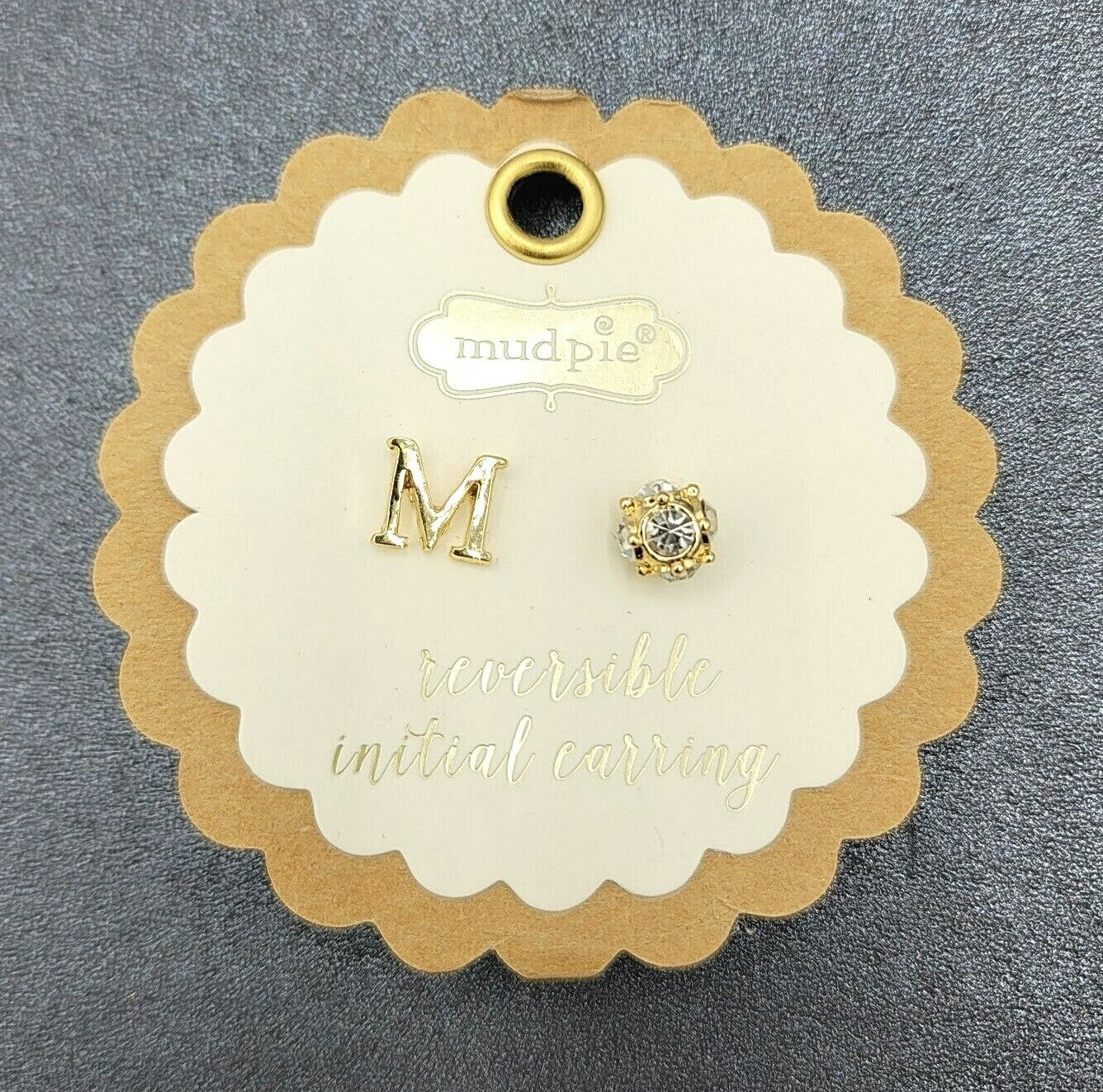 Mud Pie Gold tone Initial Letter M Reversible Crystal Pierced Stud Earrings