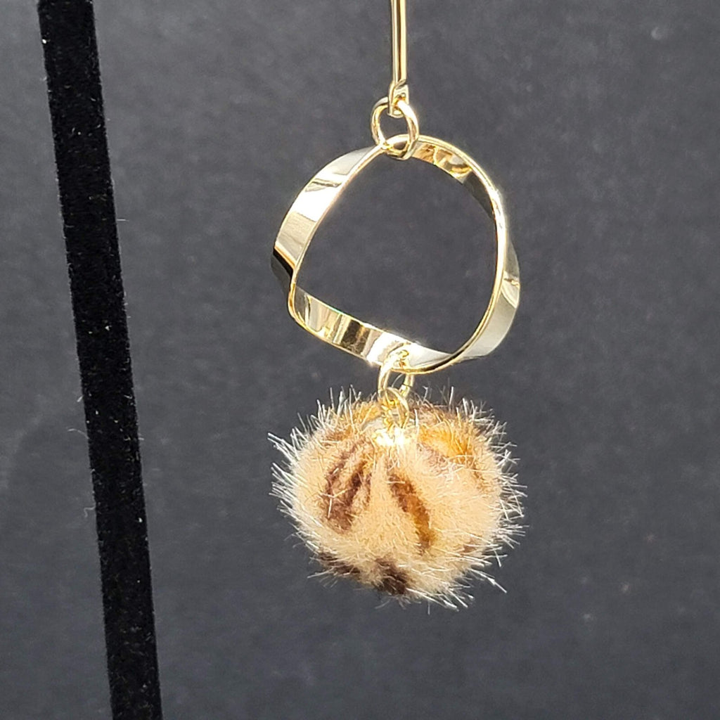 Pierced Earrings Gold tone Crystal Leopard Fuzz Ball Dangle 2.5"