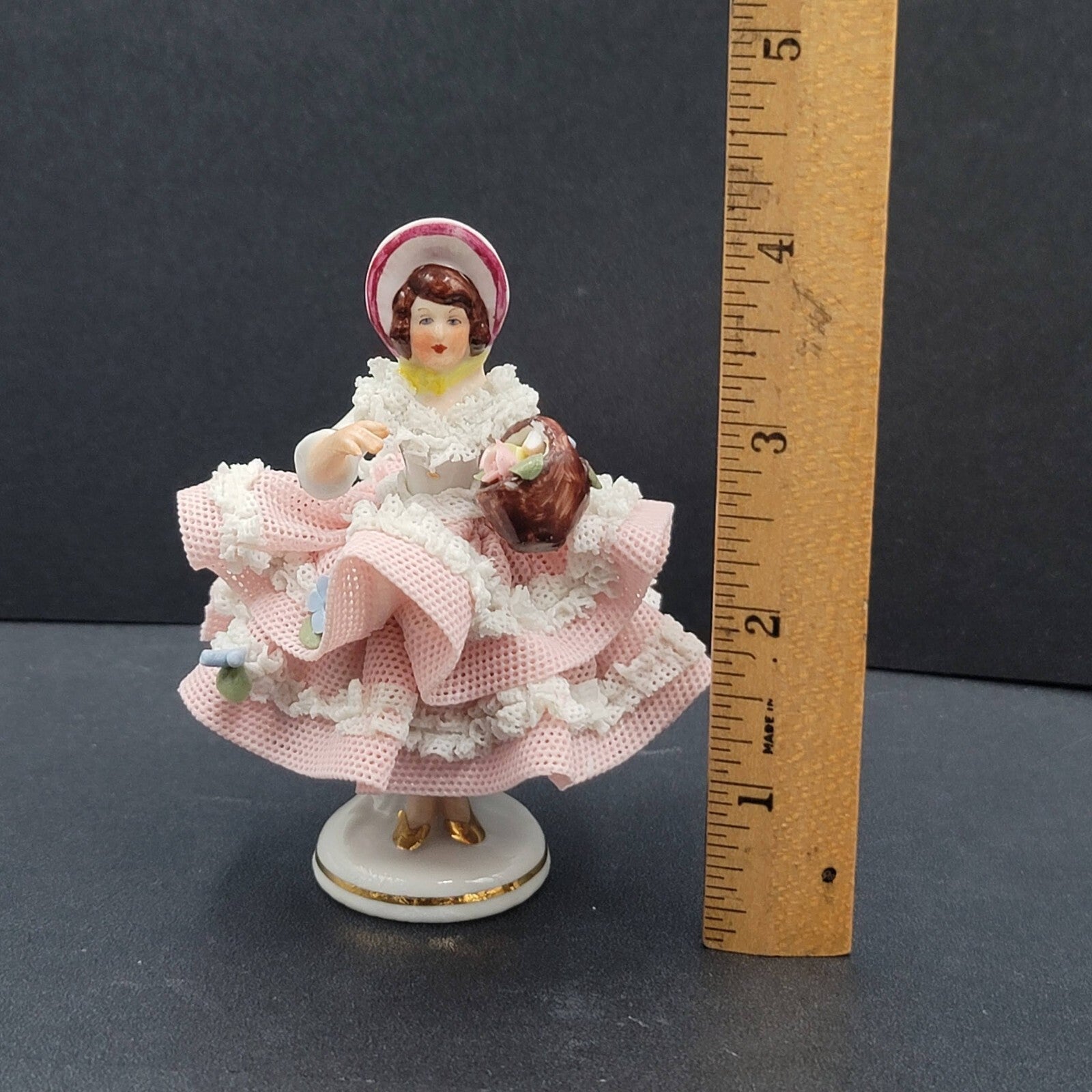 Dresden Porcelain Lace Lady in Bonnet Figurine Flowers 4 in