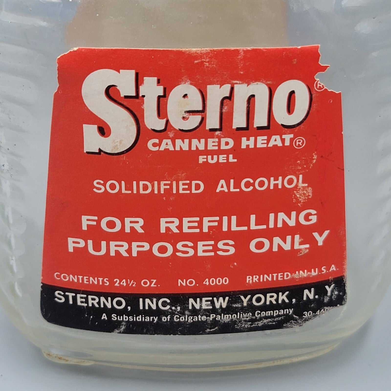 Vintage Sterno Canned Heat Fuel Refilling Glass Jar New York