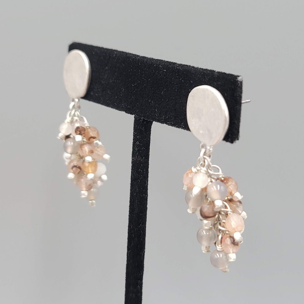 Pierced Earrings Silver tone Dangle Cluster Glass Beads Neutral Colors 1.5"