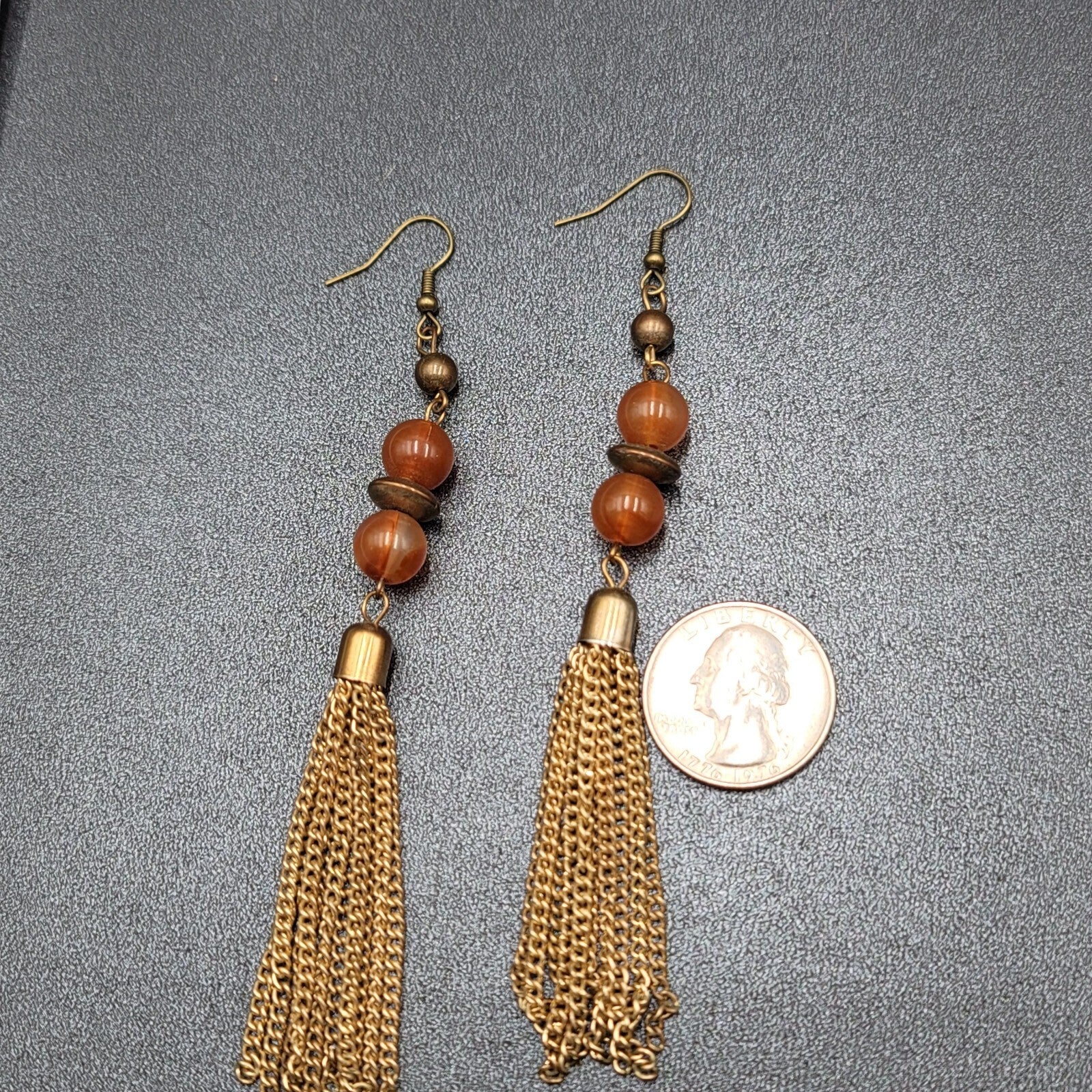 Pierced Earrings Gold tone Multi Chain Orange Bead Extra Long Dangle 4"