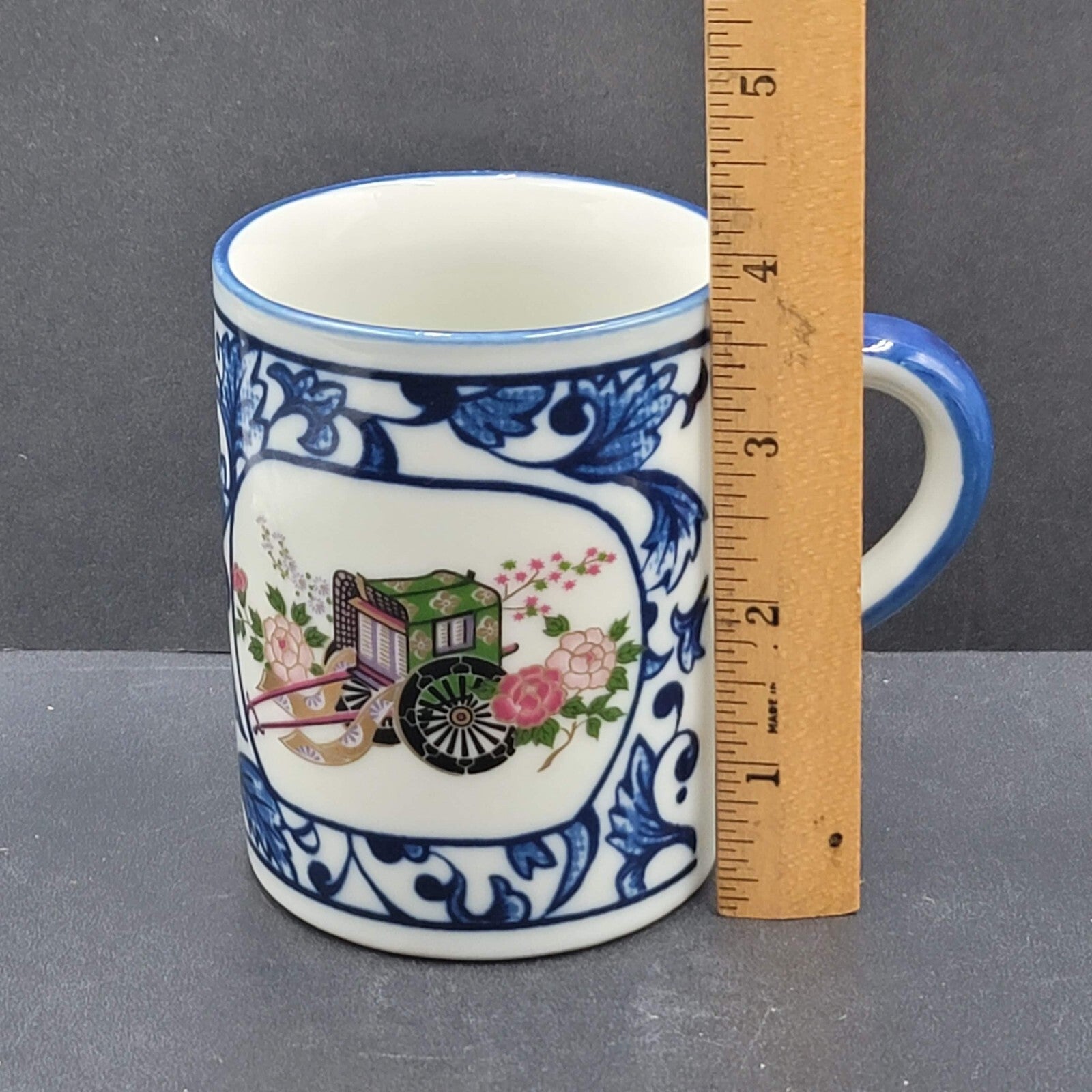 Vintage Imari Porcelain Coffee Mug Blue White Rickshaw Wagon Flowers Japan