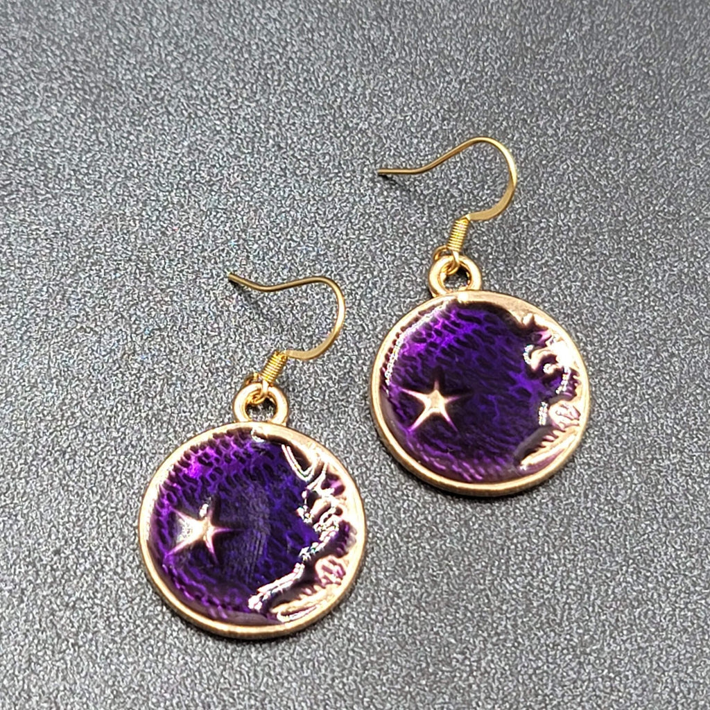 New Round Moon Pierced Earrings Gold tone Purple Enamel Dangle 1"