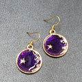 New Round Moon Pierced Earrings Gold tone Purple Enamel Dangle 1"