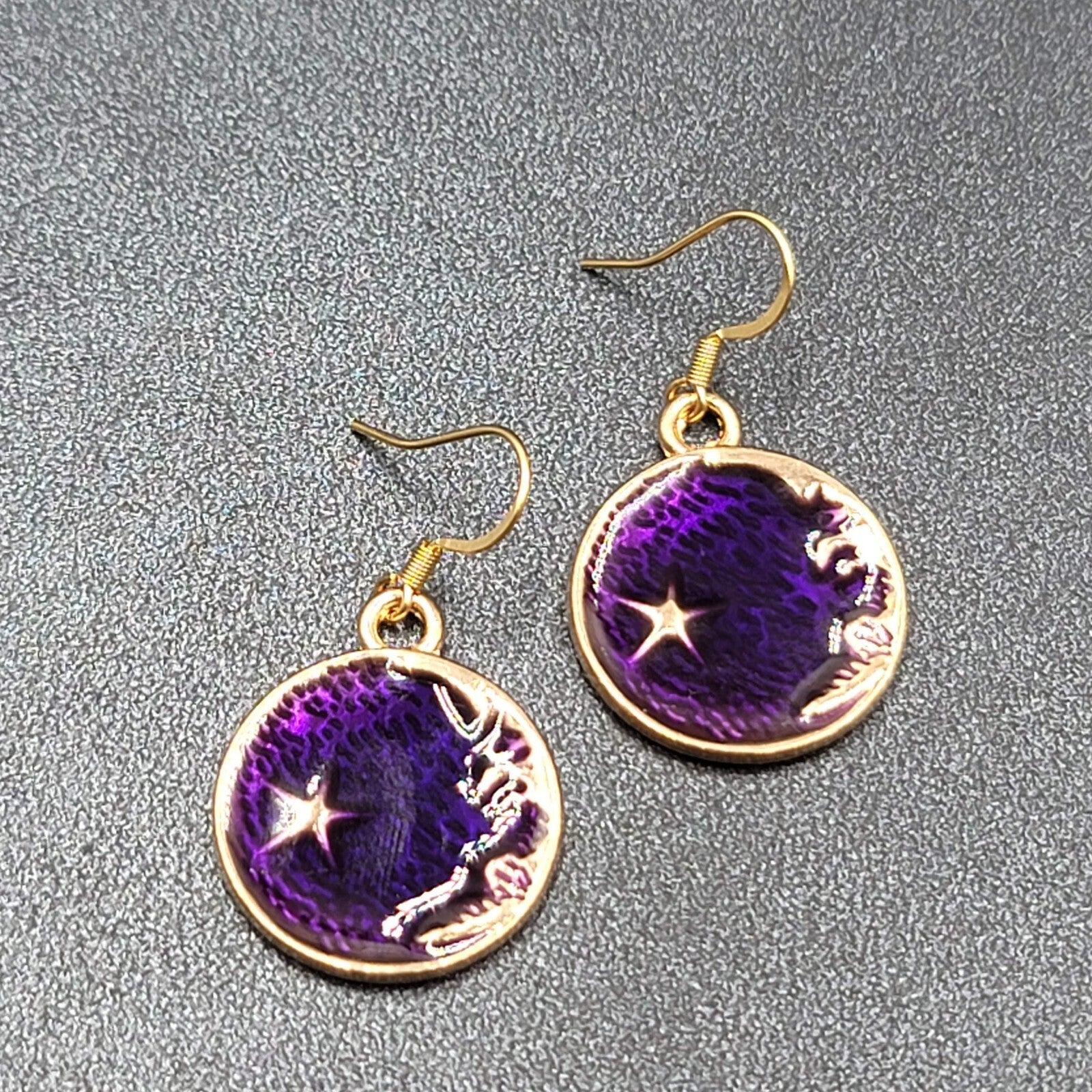New Round Moon Pierced Earrings Gold tone Purple Enamel Dangle 1"