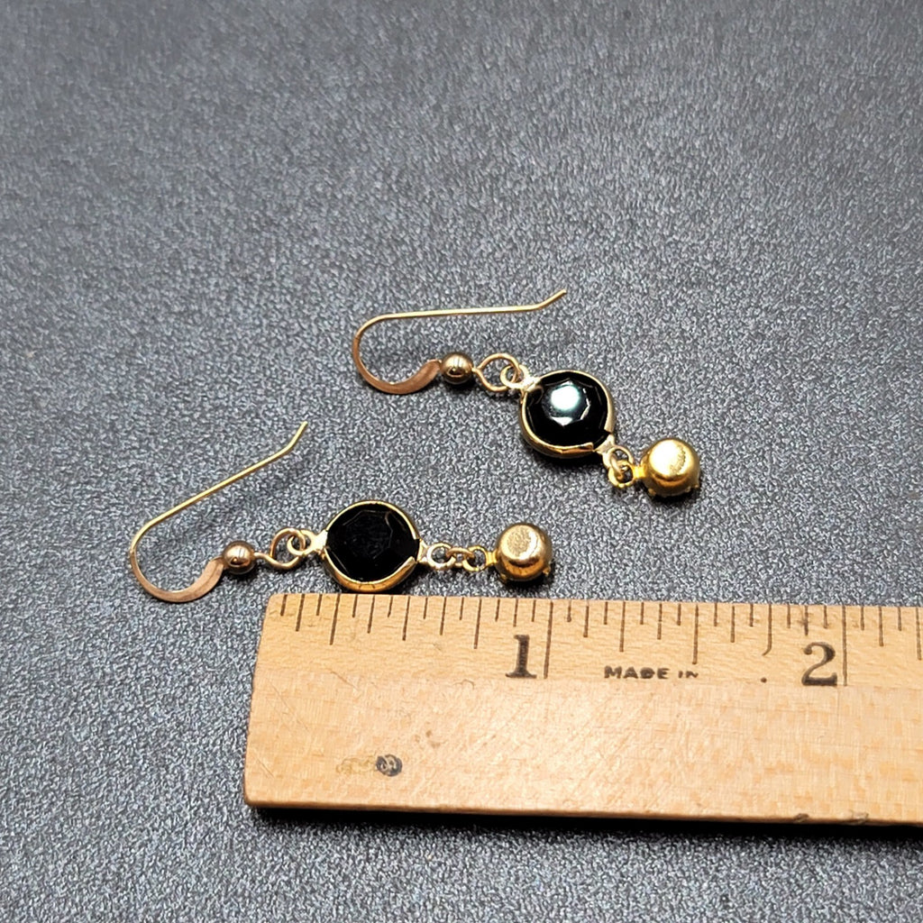 Pierced Earrings Gold tone Black Orange Rhinestone Dangle 1"