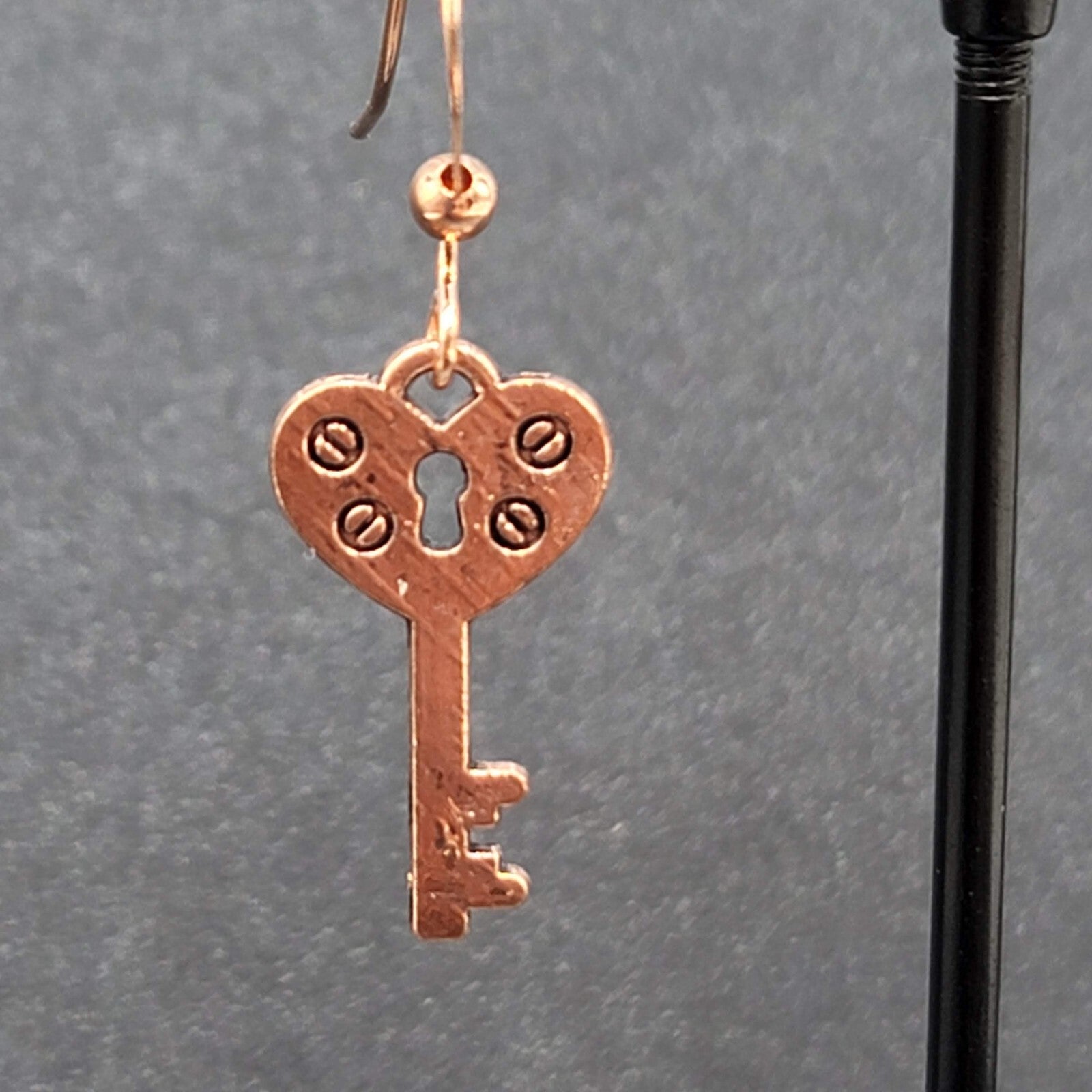 Heart Skeleton Key Pierced Earrings Bright Copper tone Dangle 7/8"