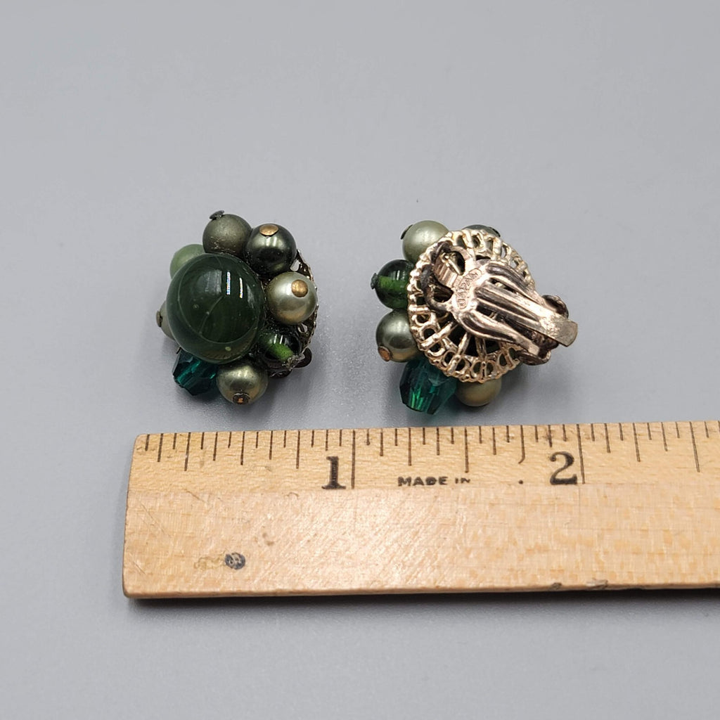 Vintage Green Glass Cluster Bead Clip on Earrings Japan 3/4"
