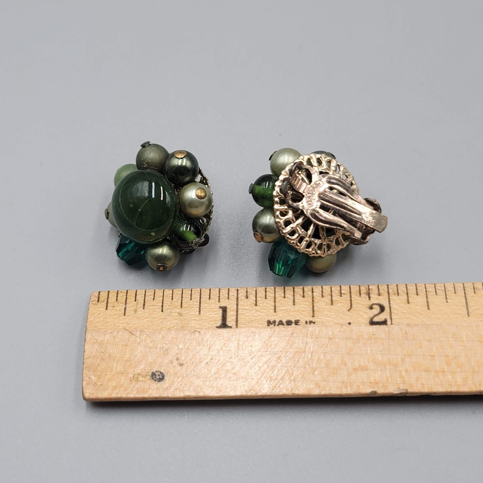Vintage Green Glass Cluster Bead Clip on Earrings Japan 3/4"