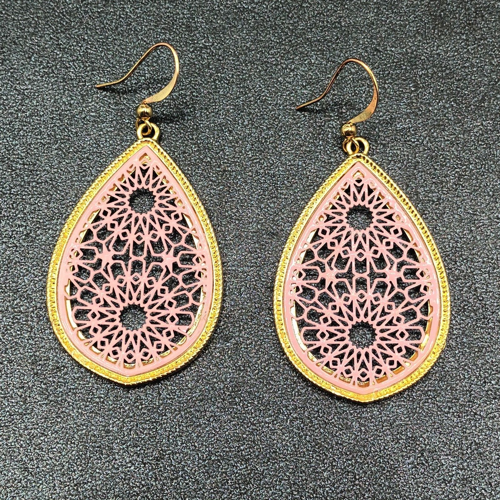Pierced Earrings Gold tone Pink Acrylic Open Work Teardrop Dangle  1 3/4"