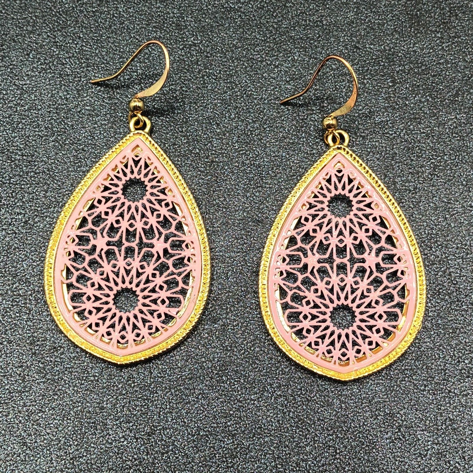 Pierced Earrings Gold tone Pink Acrylic Open Work Teardrop Dangle  1 3/4"