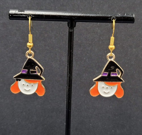 Cute Witch Halloween Pierced Earrings Gold tone Enamel Dangle 1"