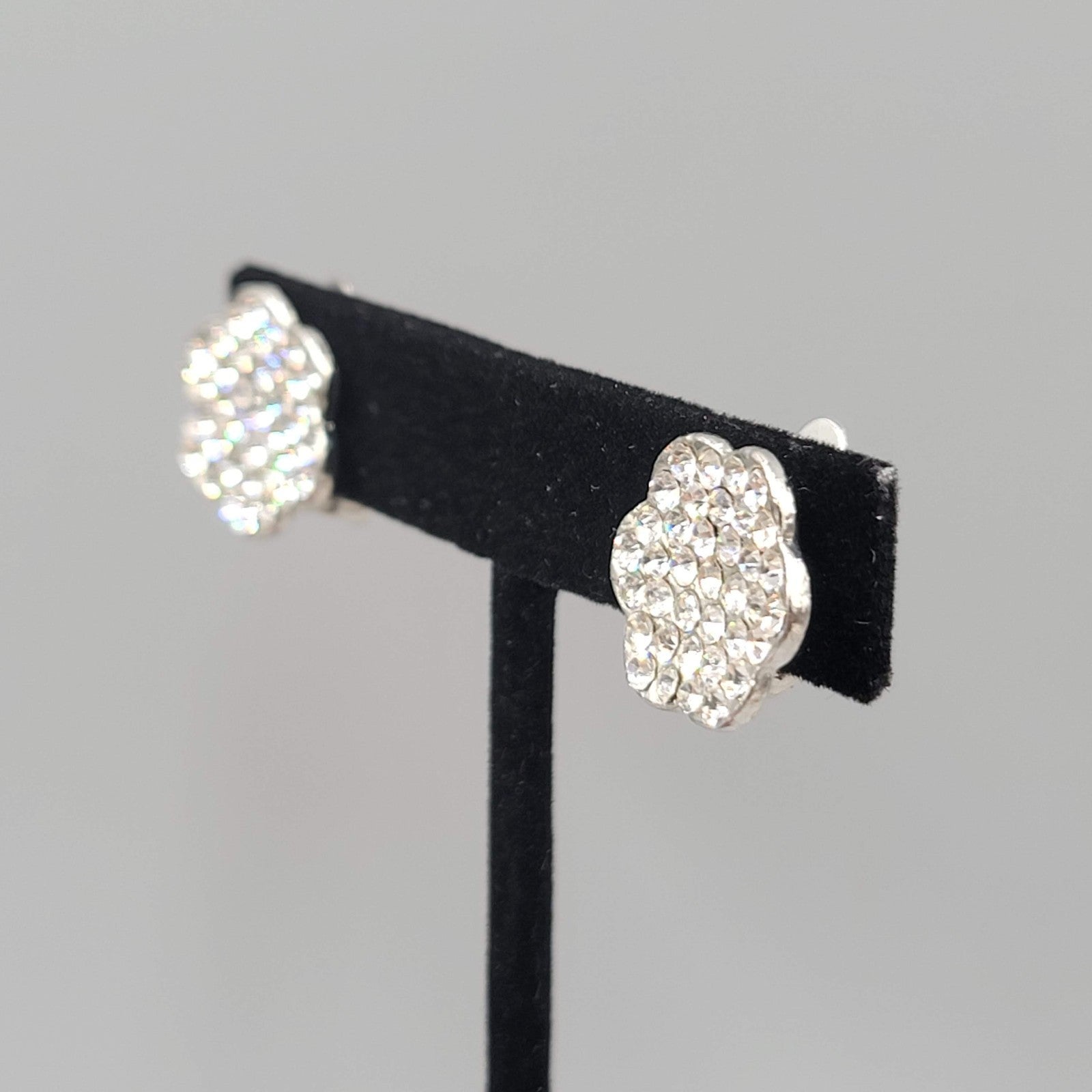 Vintage Rhinestone Stud Clip on Earrings Silver tone 5/8 in