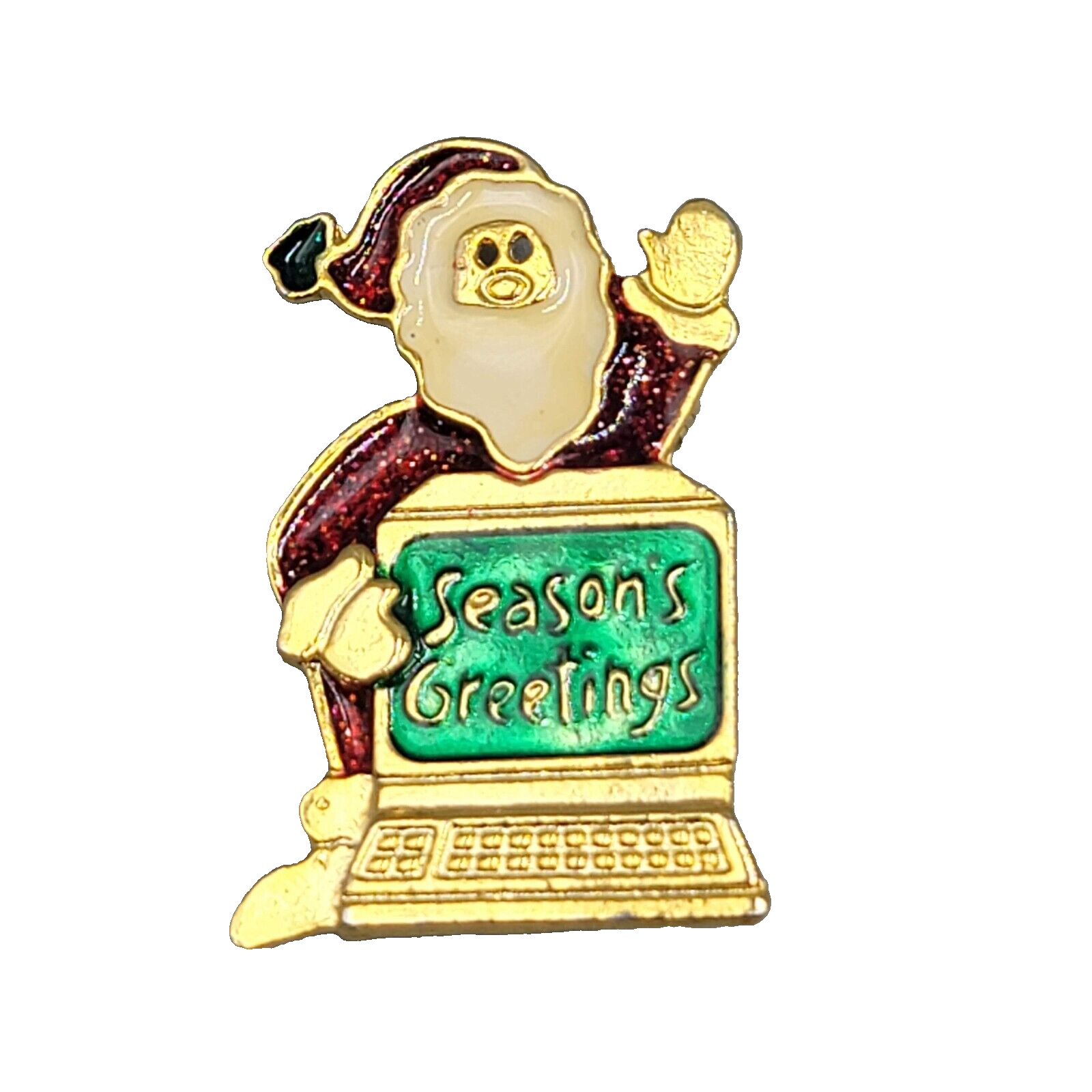 Vintage Christmas Brooch Santa at the Computer Gold tone Enamel 1 5/8"