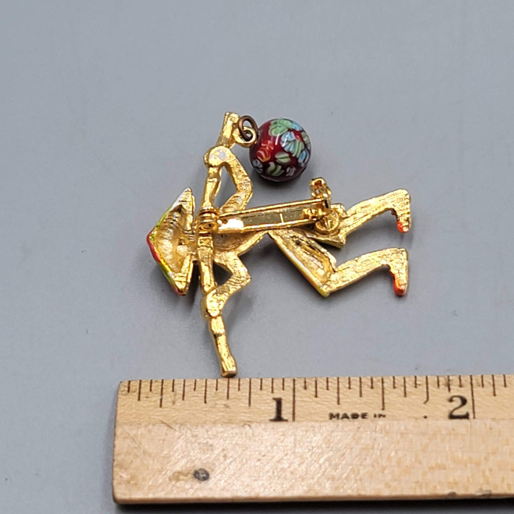 Vintage Asian Water Carrier Brooch Gold tone Enamel Flower Bead 1.5"