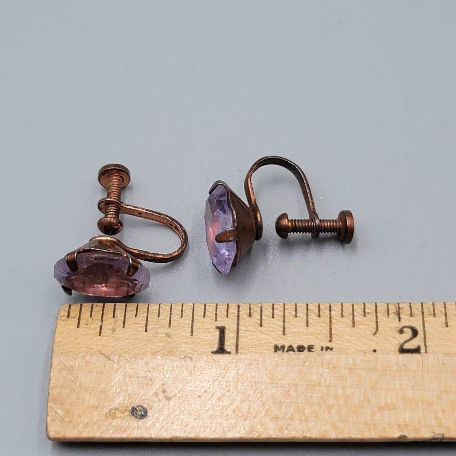 Vintage Clip on Earrings Bronze tone Purple Unknown Stud Screw Back 1/2"