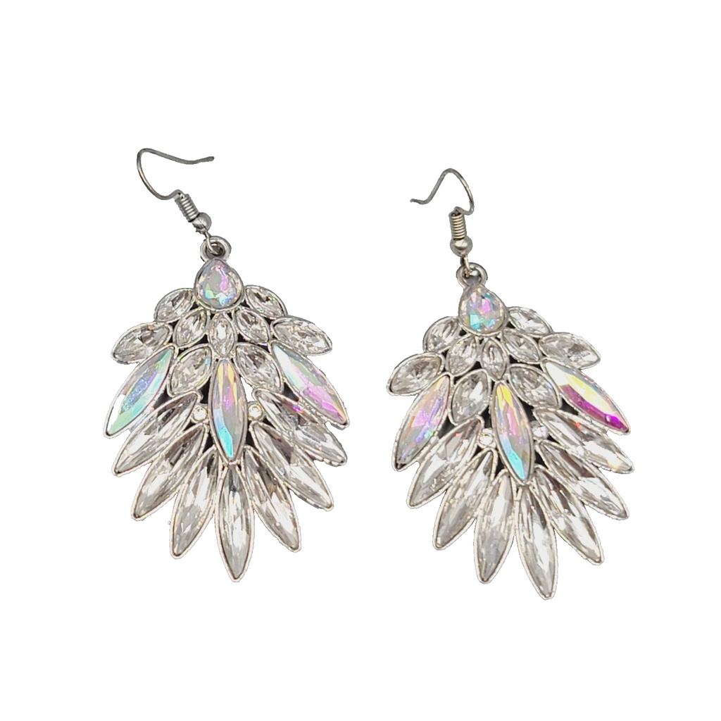 Statement Pierced Earrings Silver tone AB Rhinestones Dangle 2"