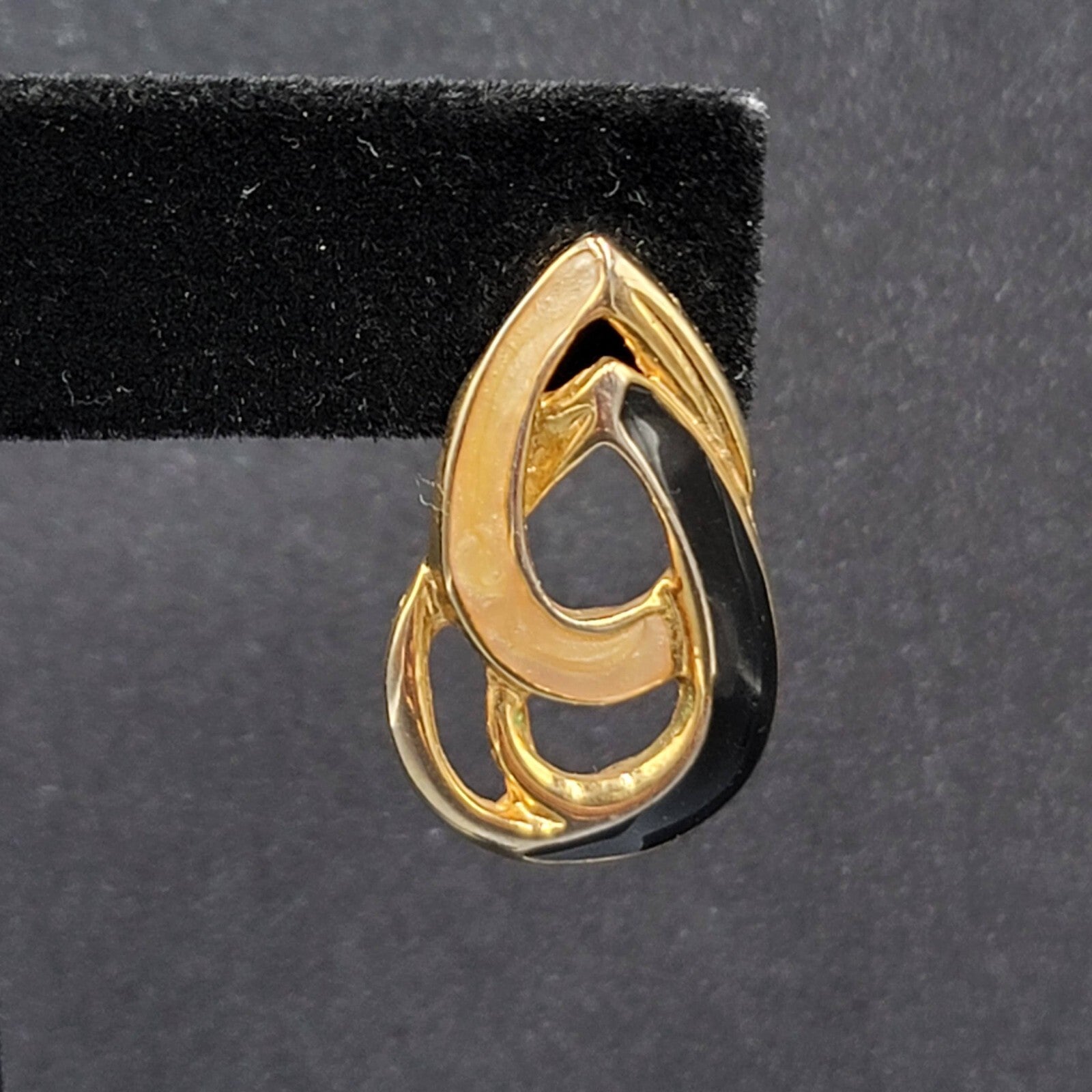 Vintage Pierced Earrings Black Cream Enamel Double Teardrop Drop 1"