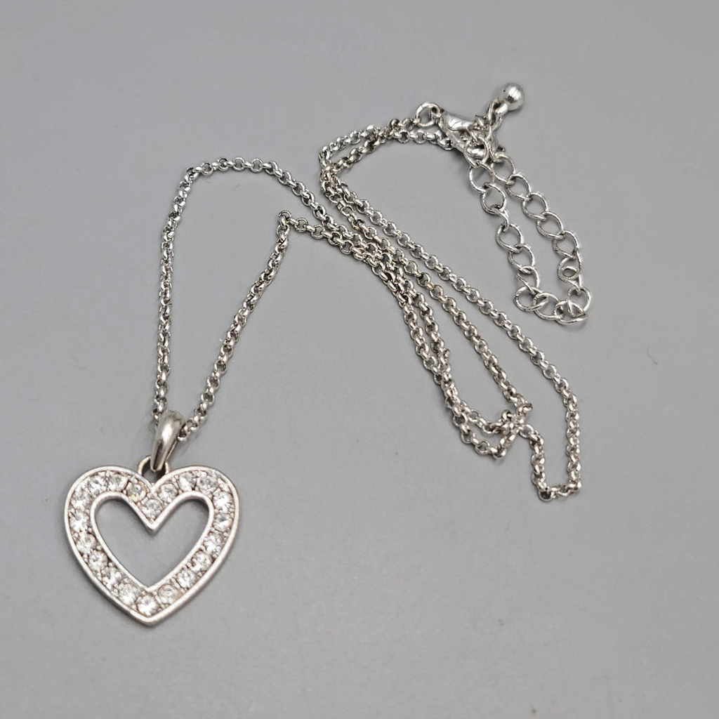 Open Heart Crystal Pendant Necklace Silver tone 16"-20"