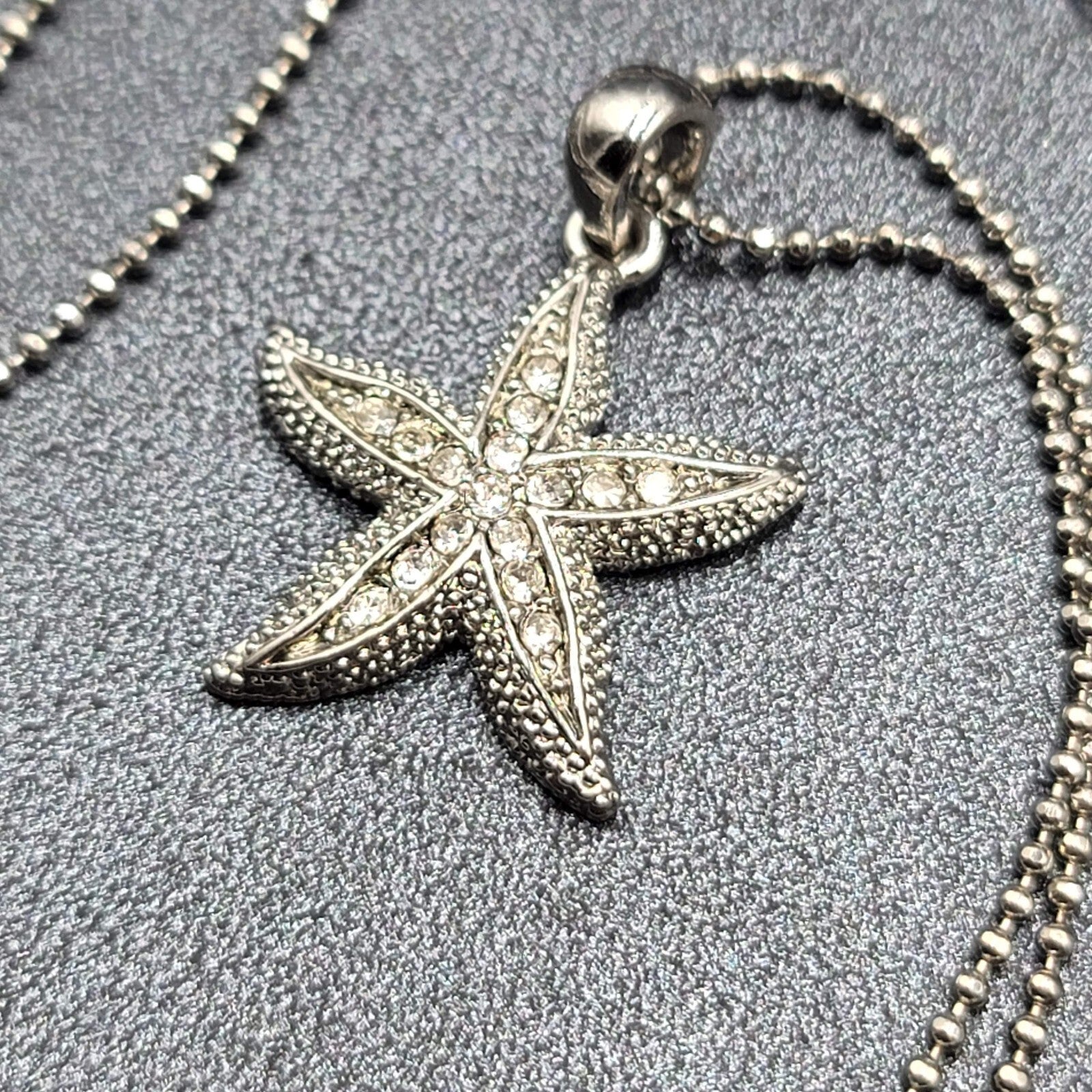 Starfish Necklace Silver tone Crystal Rhinestone Ball Chain 16"-18"