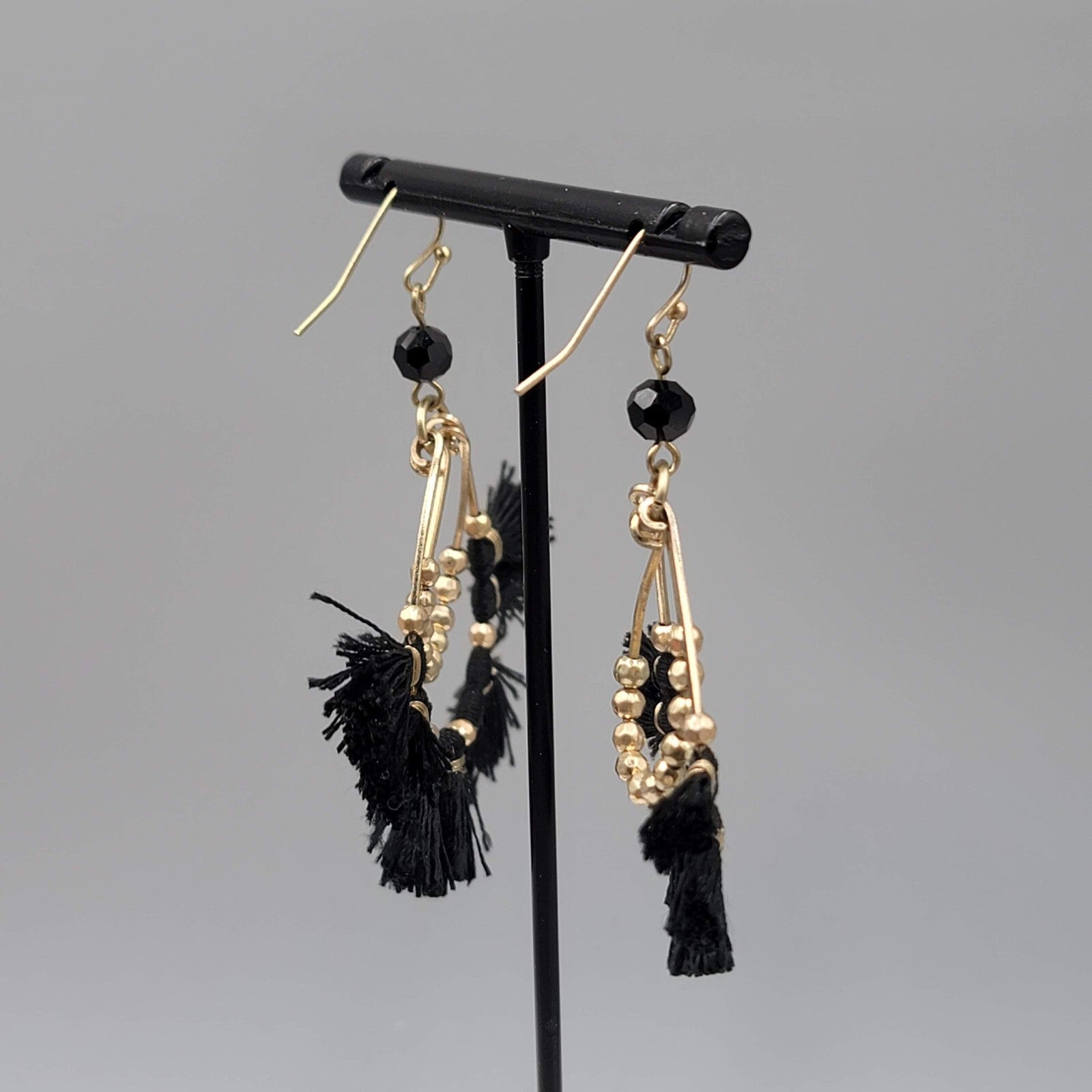 Pierced Earrings Gold tone Black Tassel Teardrop Dangle 2.5"