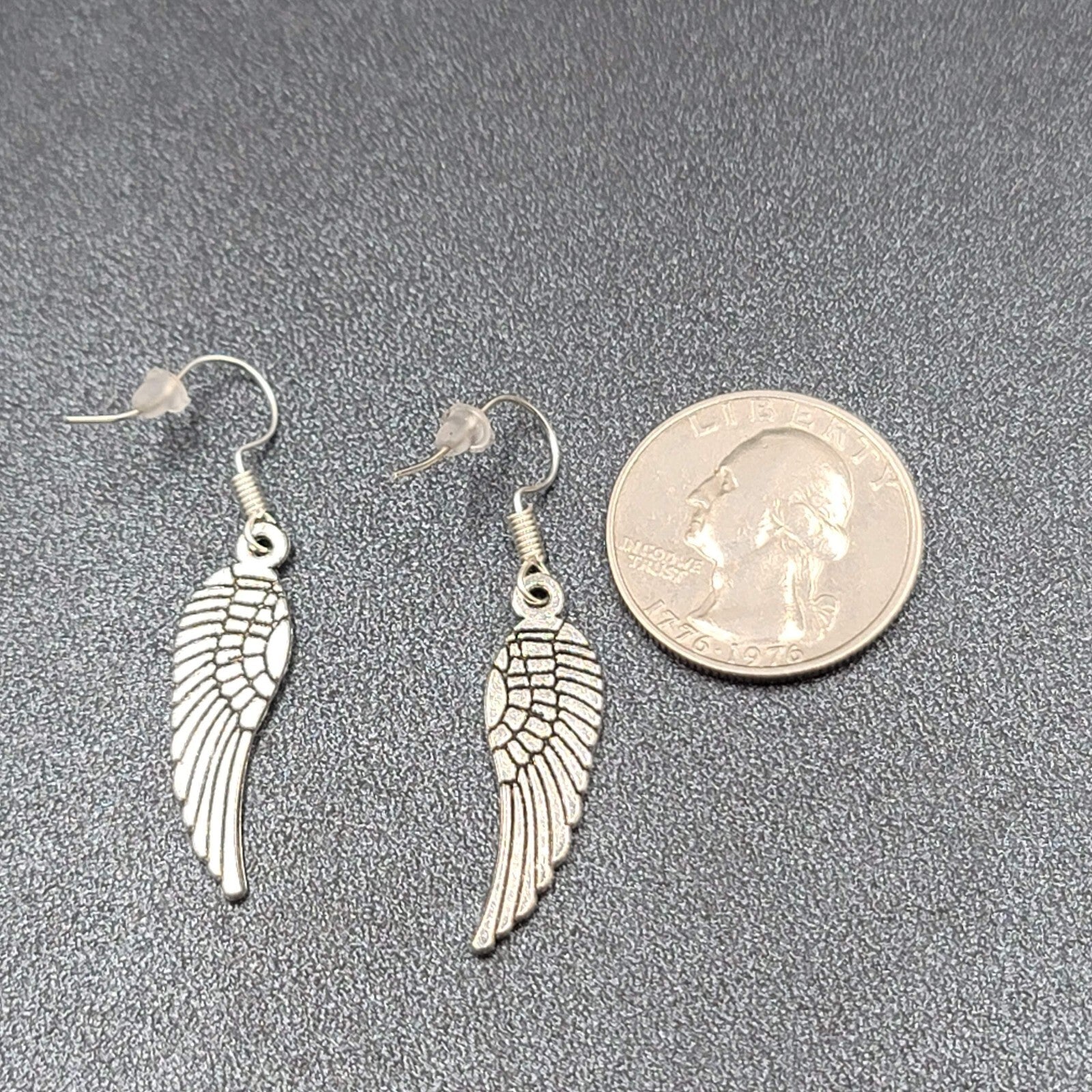 Pierced Earrings Feather Silver tone Dangle Angel Bird 1 1/8"
