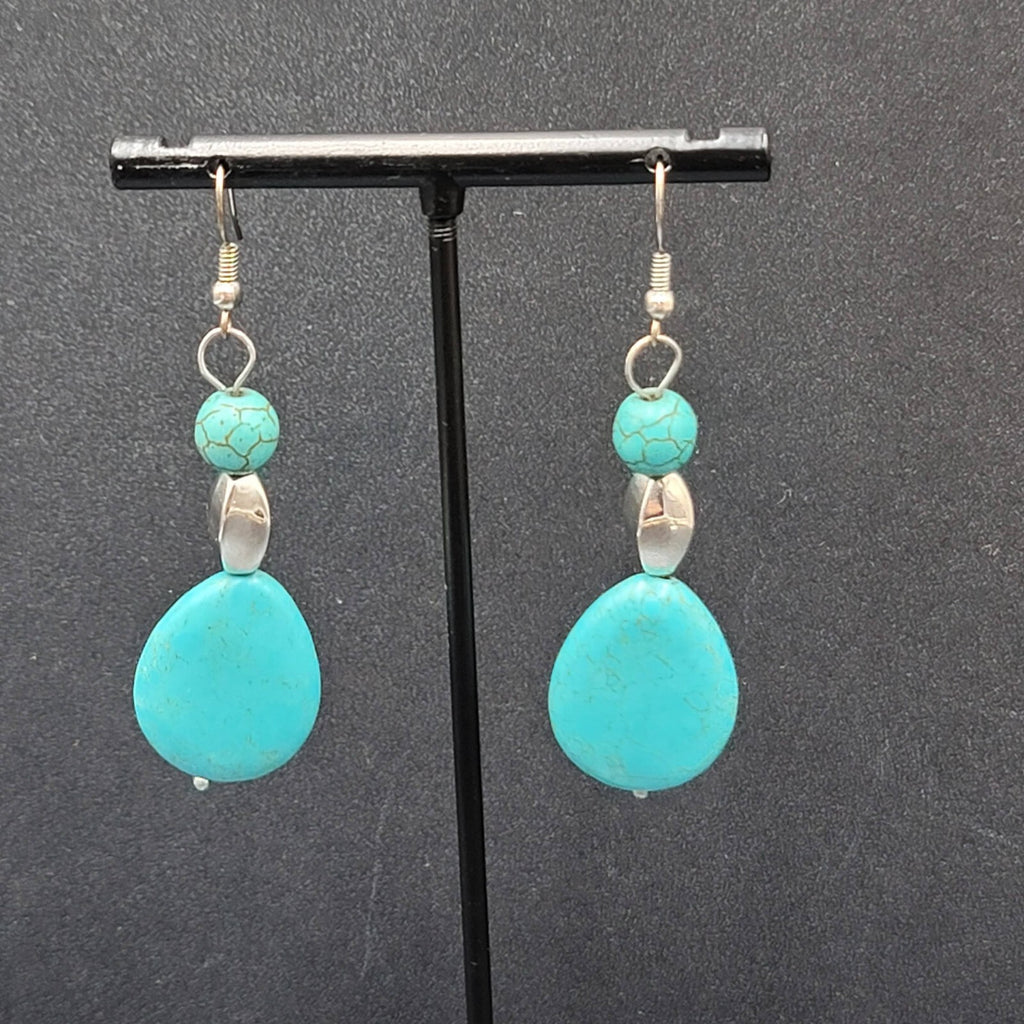 Pierced Earrings Silver tone Dyed Blue Howlite Teardrop Stone Beads 2"