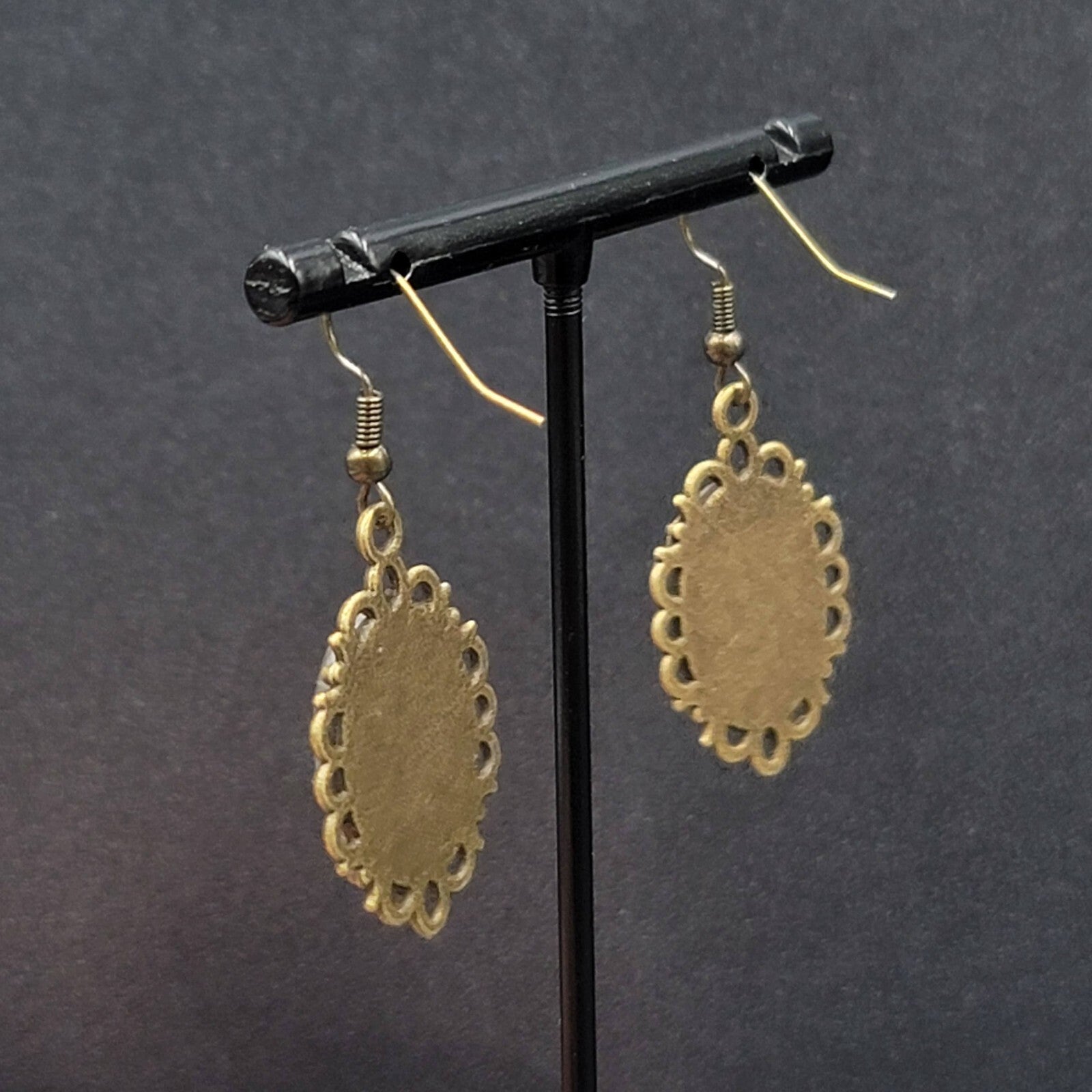 Pierced Earrings Bronze tone Real Photo Glass Cabochon Dangle 1.25"