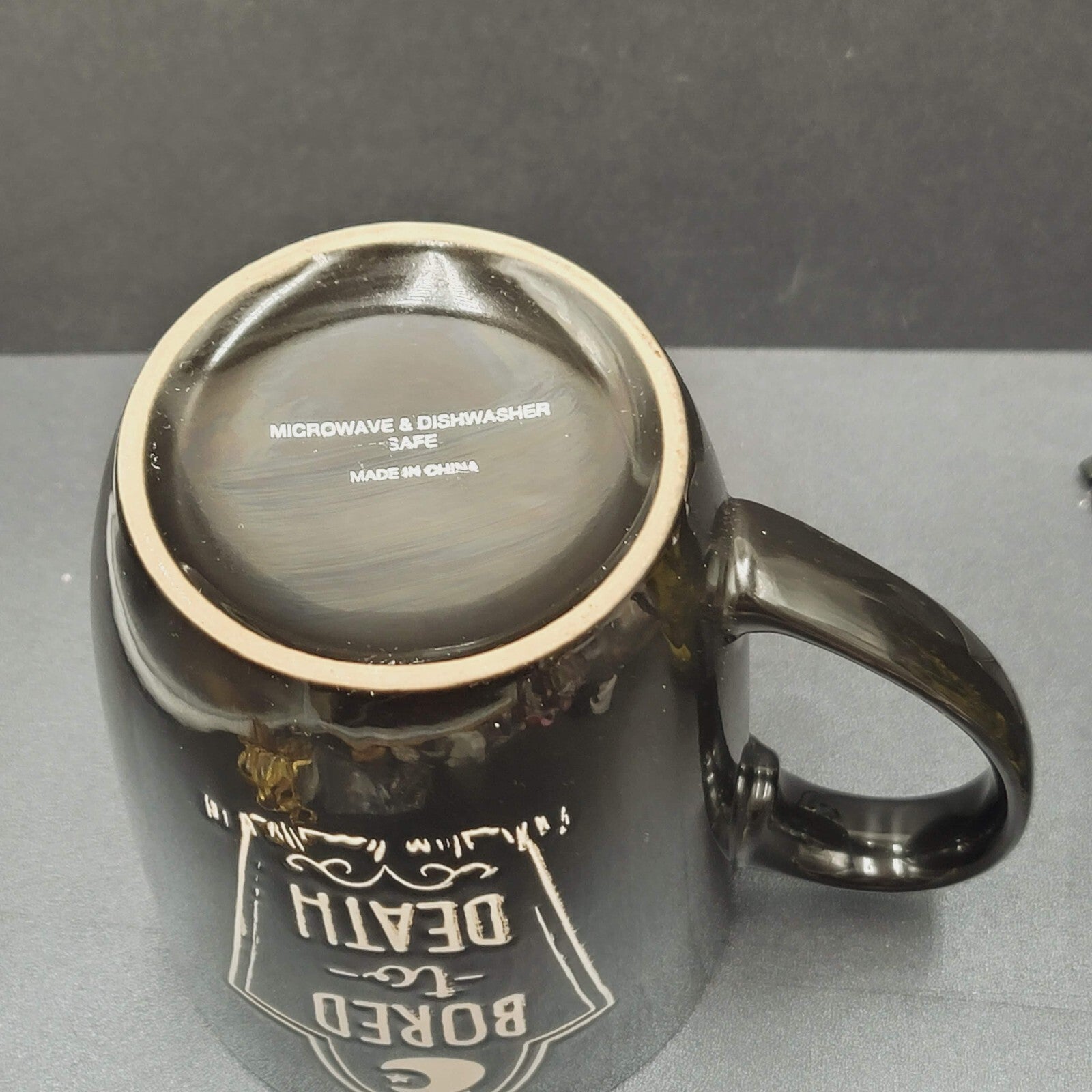Bored to Death Coffee Mug Extra Black Embossed Dark Red Large 5.25"x4"