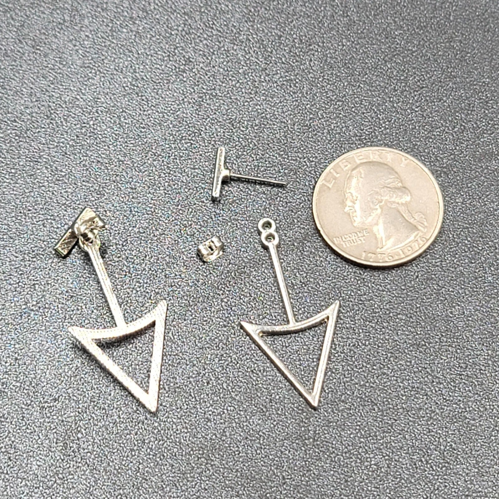 Arrow Triangle Pierced Earrings Silver tone Jacket Dangle 1.5"