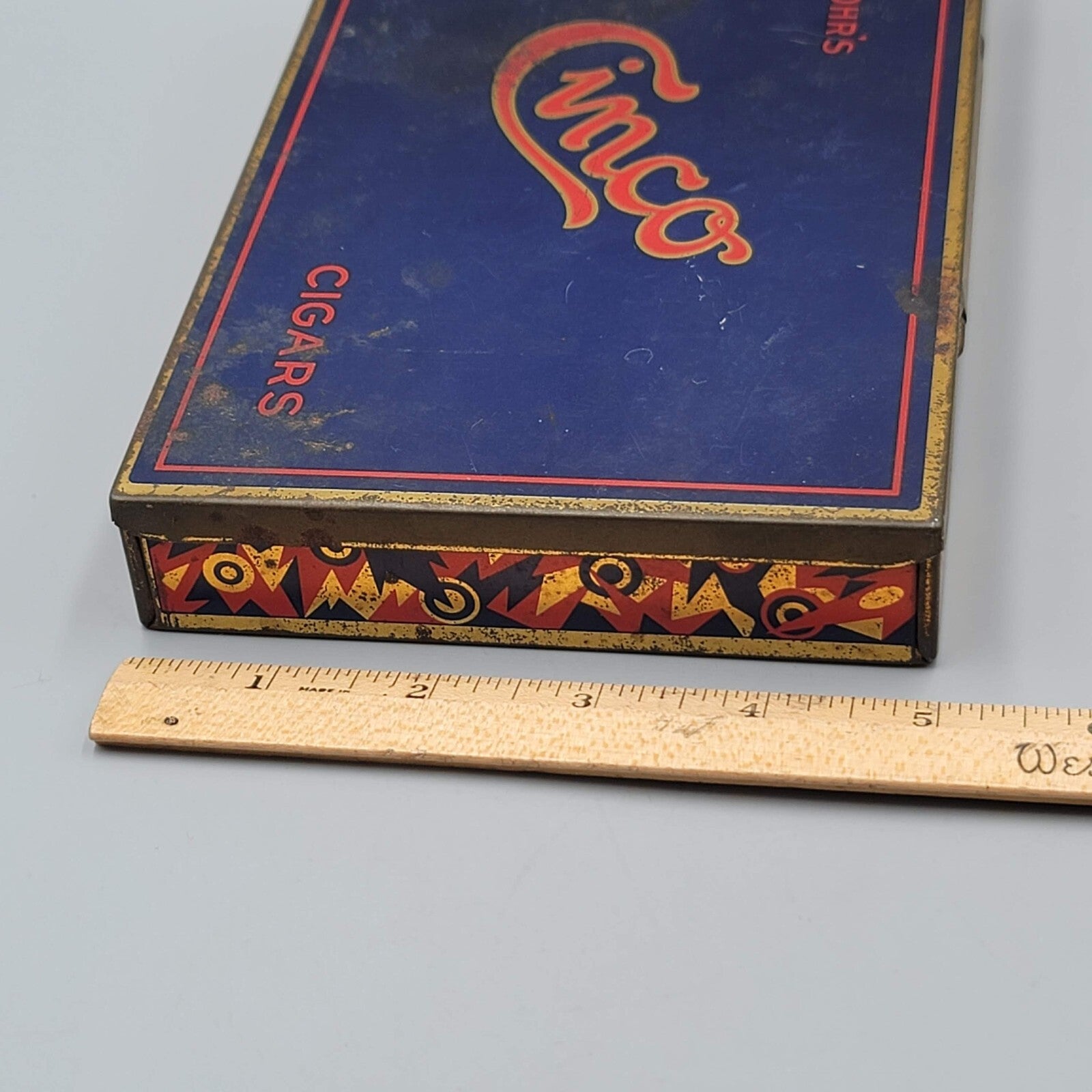Vintage Cinco Eisenlohrs Cigar Hinged Tobacco Tin 5x8" Tax Stamp