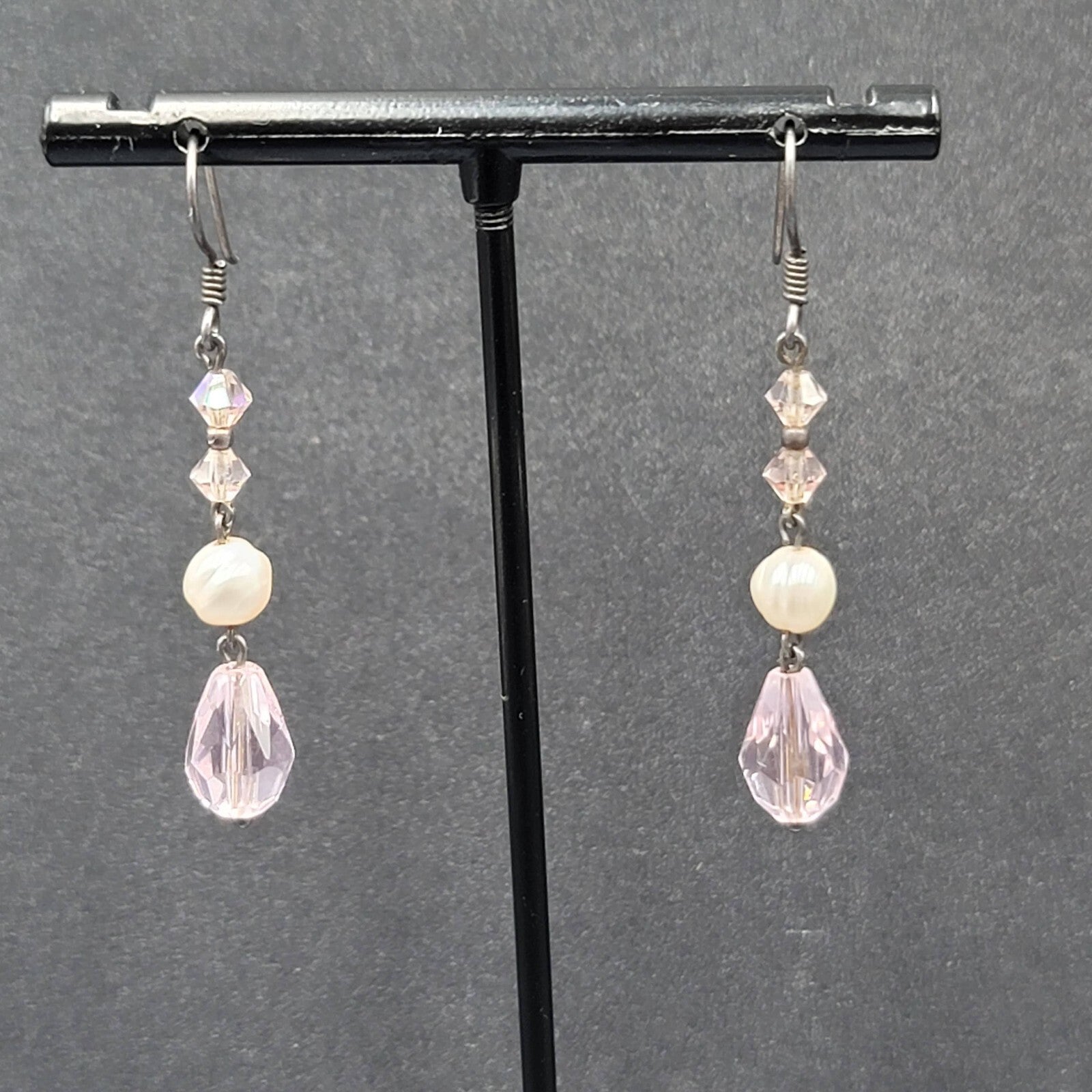 Pierced Earrings Silver tone Pink Crystal Teardrop Bead Pearl Bead 1 3/8"