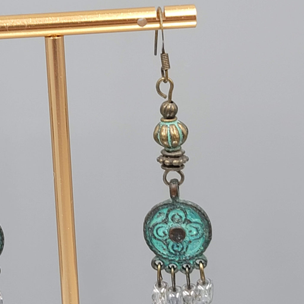 Green Bronze tone Chandelier Dangle Pierced Earrings 2"