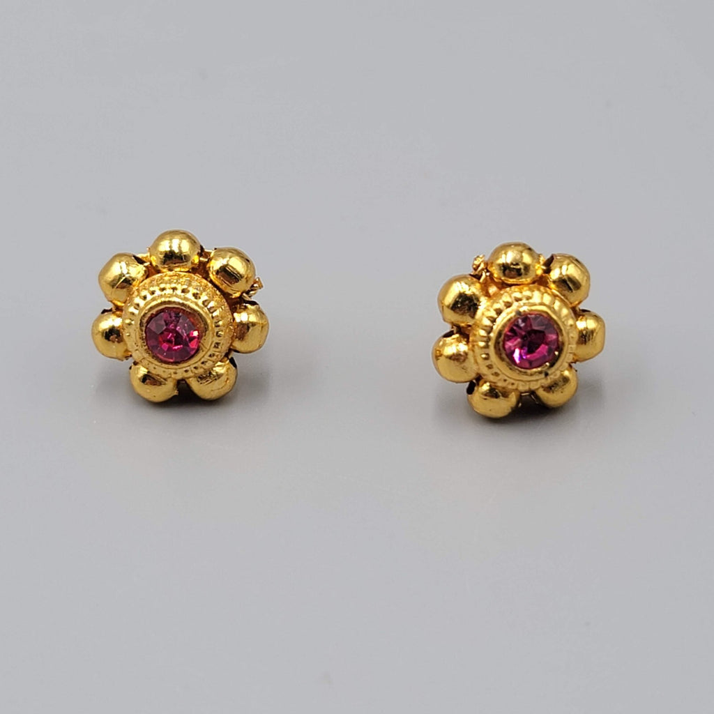 Bollywood Pierced Earrings Gold Plated Hot Pink Stone Studs 1/2"