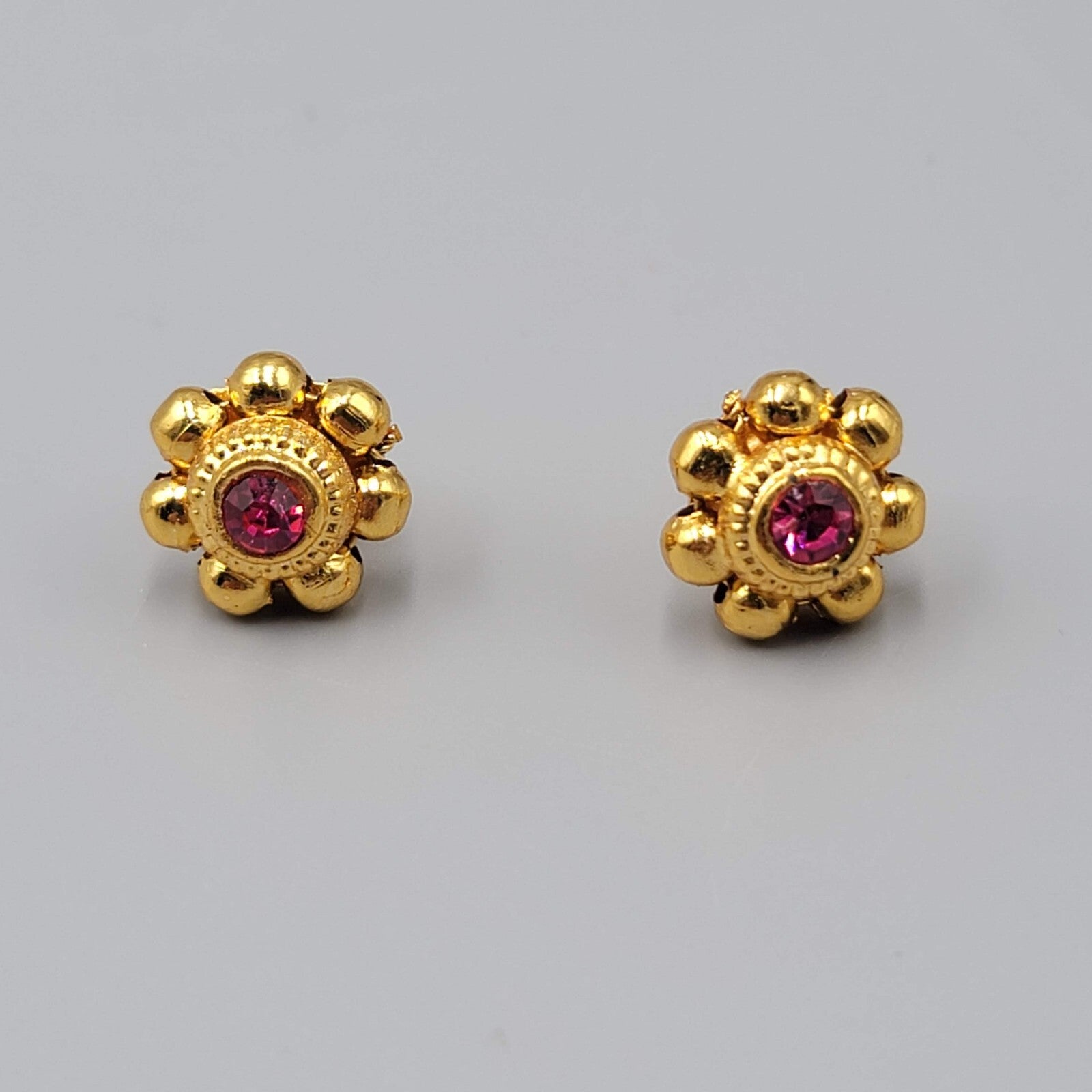 Bollywood Pierced Earrings Gold Plated Hot Pink Stone Studs 1/2"