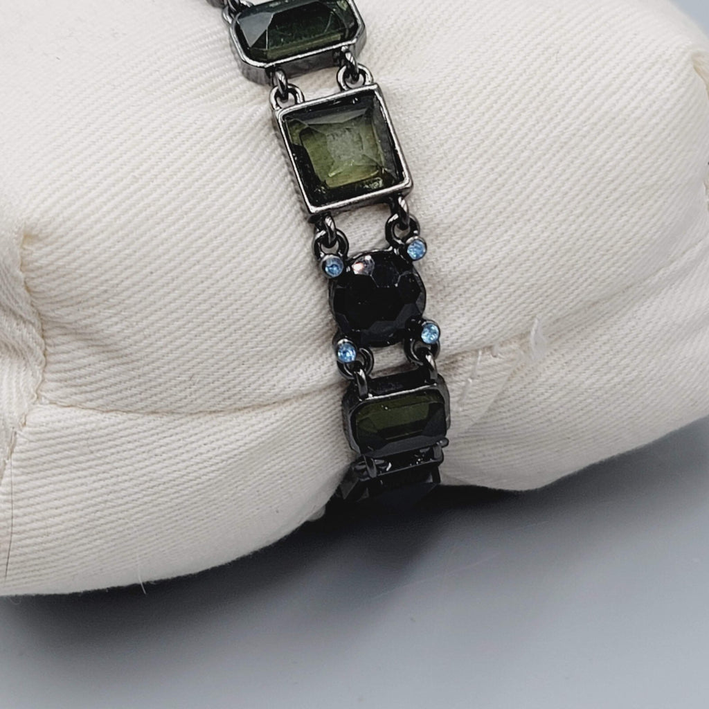 Black Metal Bracelet Dark Green Blue Rhinestones 7.25"
