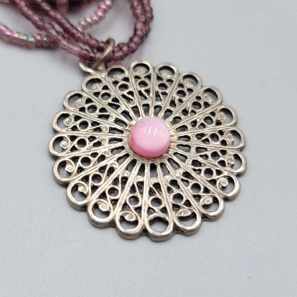 Multi Strand Purple Seed Bead Necklace Silver tone Pendant 18"
