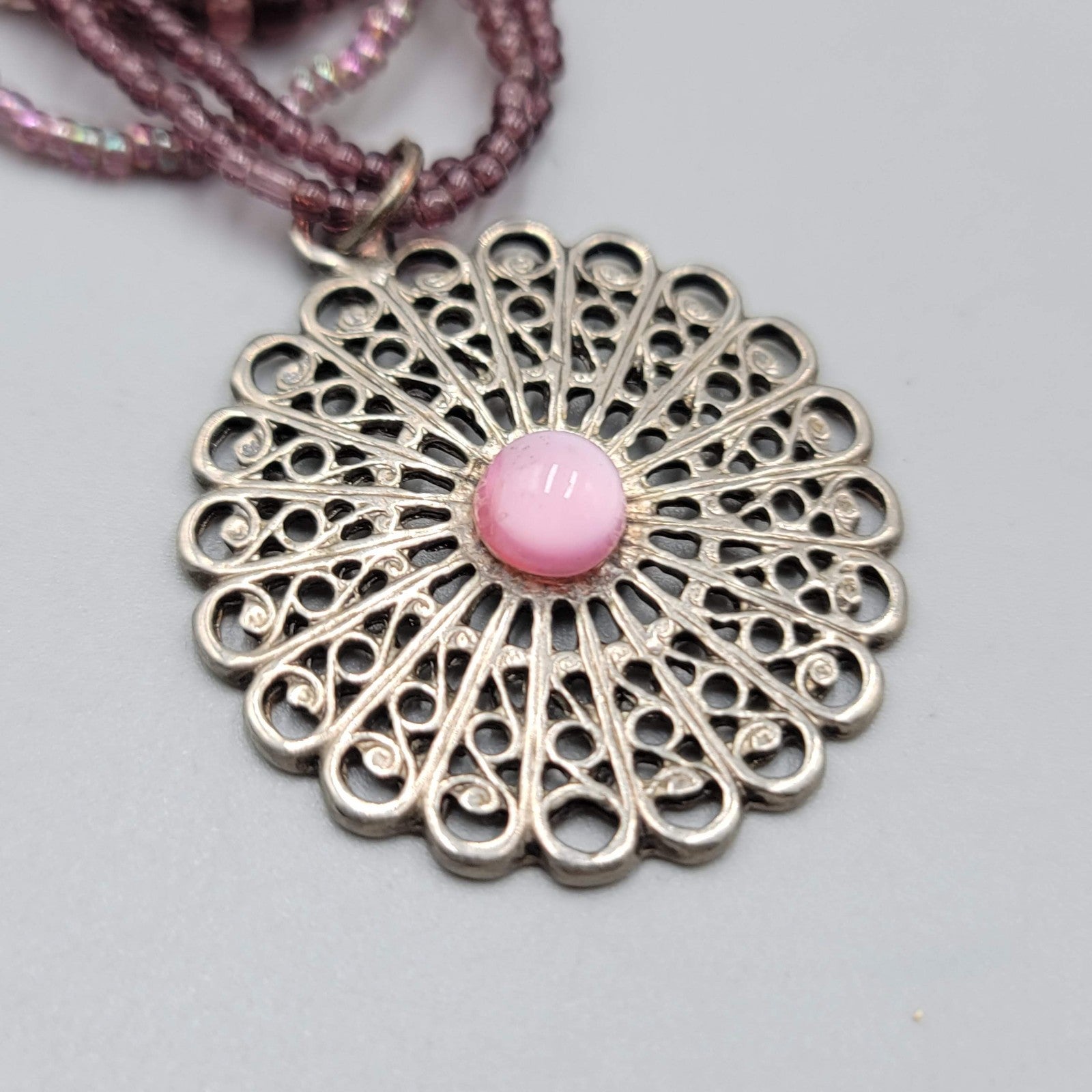 Multi Strand Purple Seed Bead Necklace Silver tone Pendant 18"