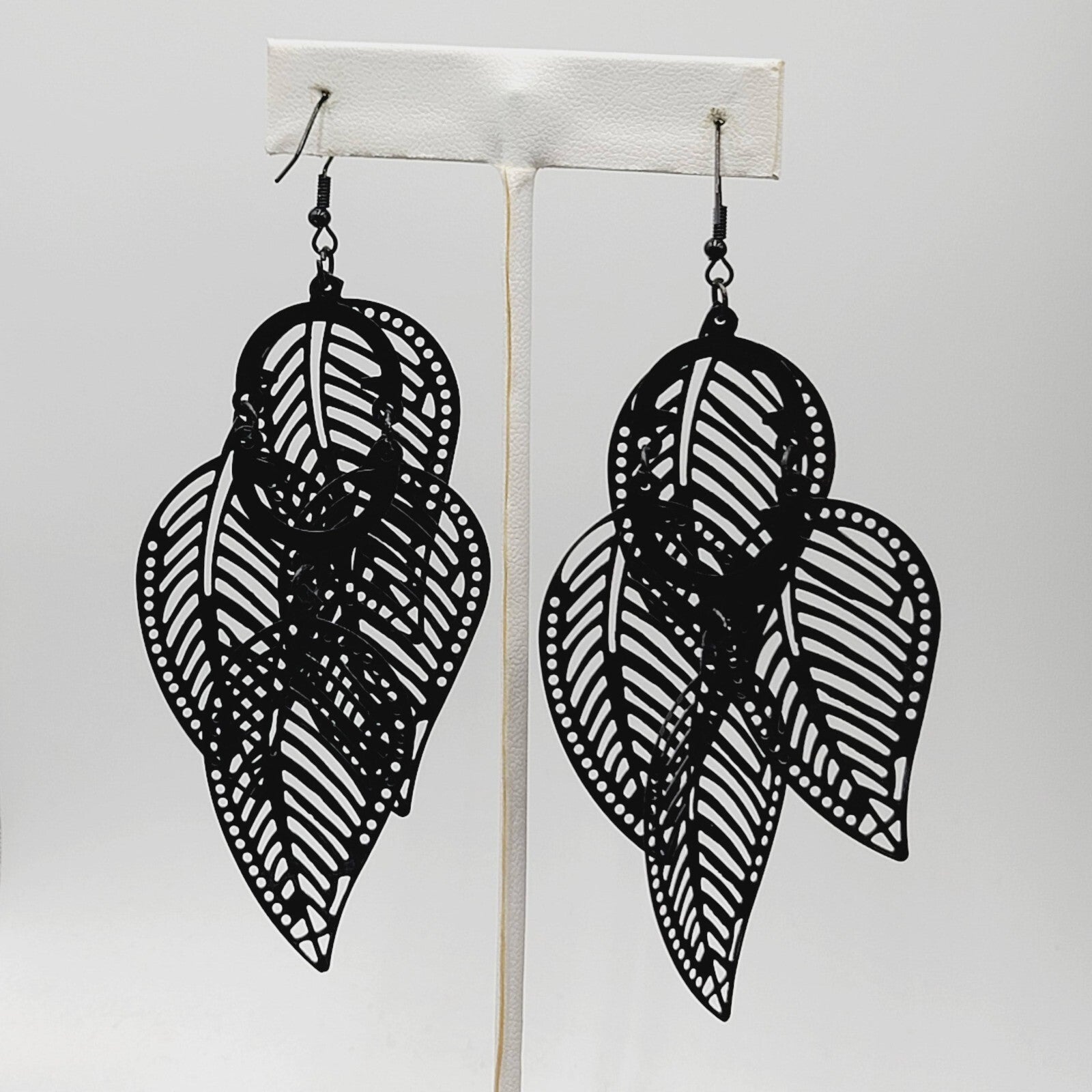 Large Statement Pierced Earrings Black Enamel Leaf Chandelier Dangle 3.5"