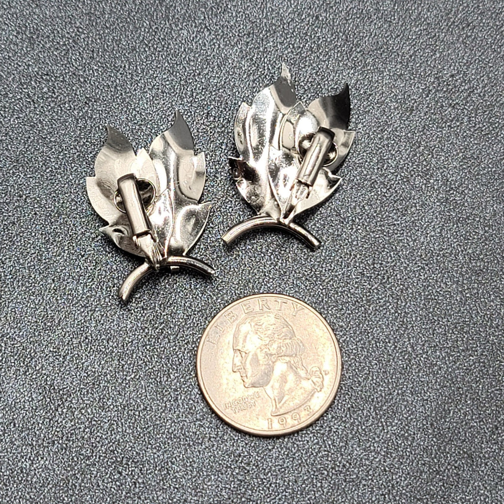 Vintage Clip on Earrings Brushed Silver tone Leaves Climber 1.5"