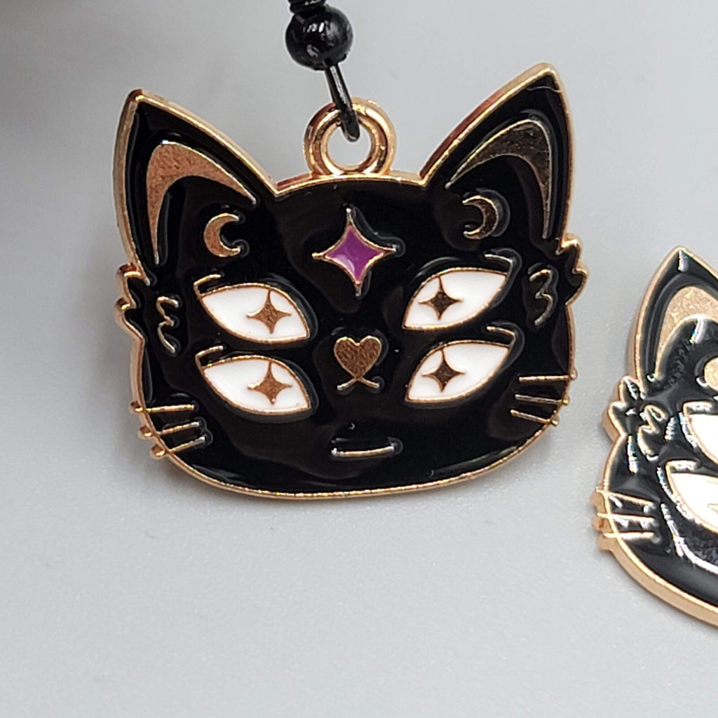 Four Eyed Black Cat Pierced Earrings Enamel Gold tone Dangle New 