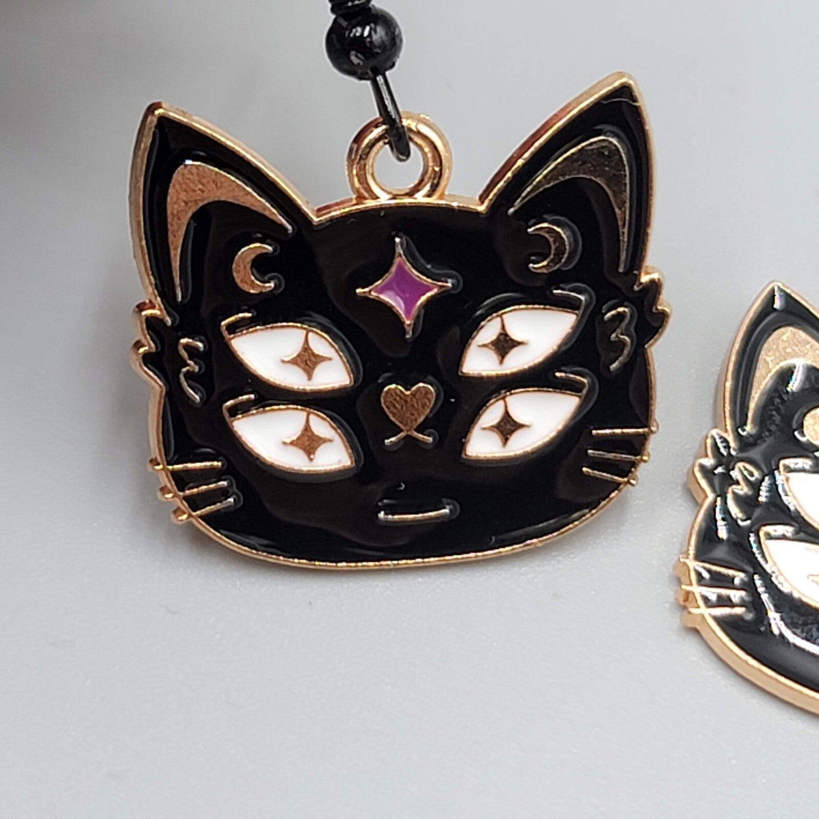 Four Eyed Black Cat Pierced Earrings Enamel Gold tone Dangle New 