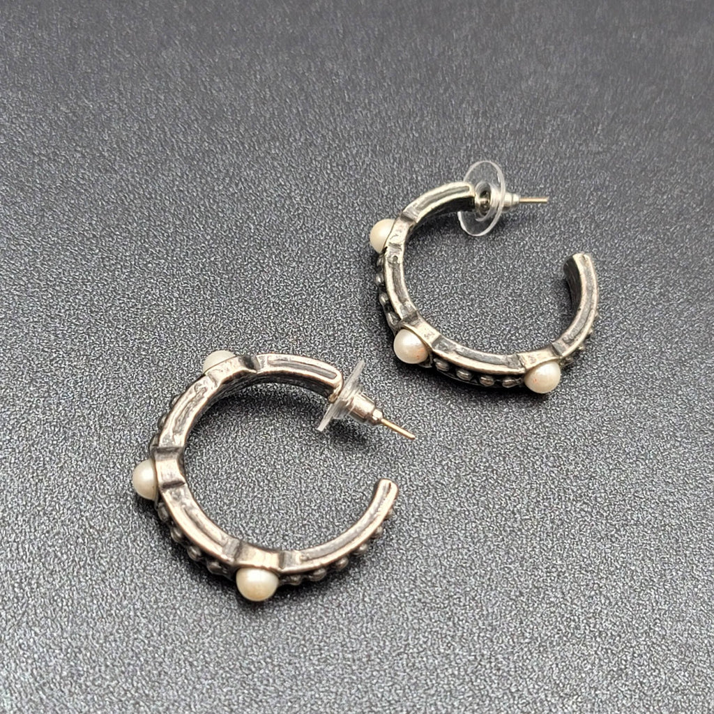 Pierced Earrings Silver tone Faux Pearl Hoops  1.25"