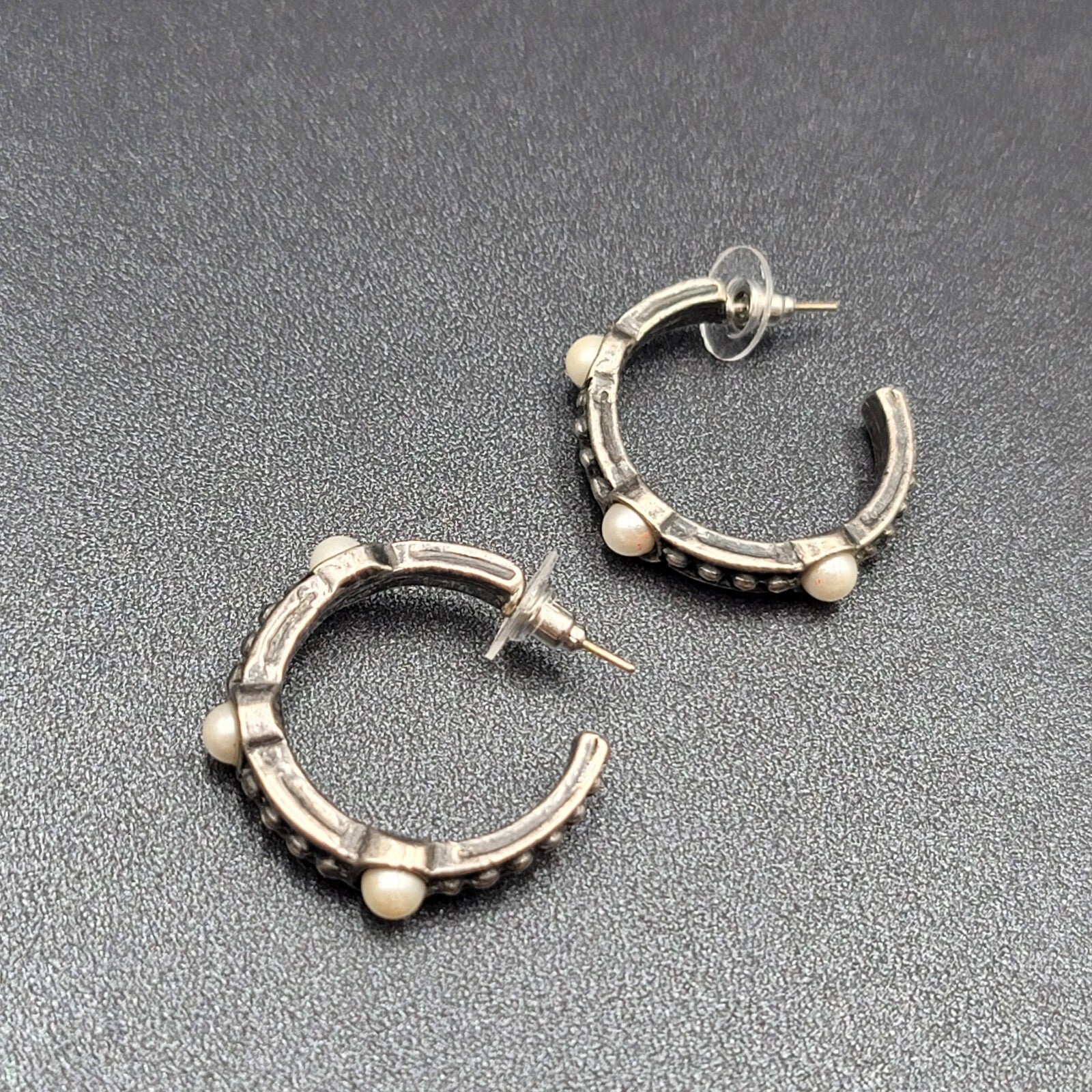 Pierced Earrings Silver tone Faux Pearl Hoops  1.25"