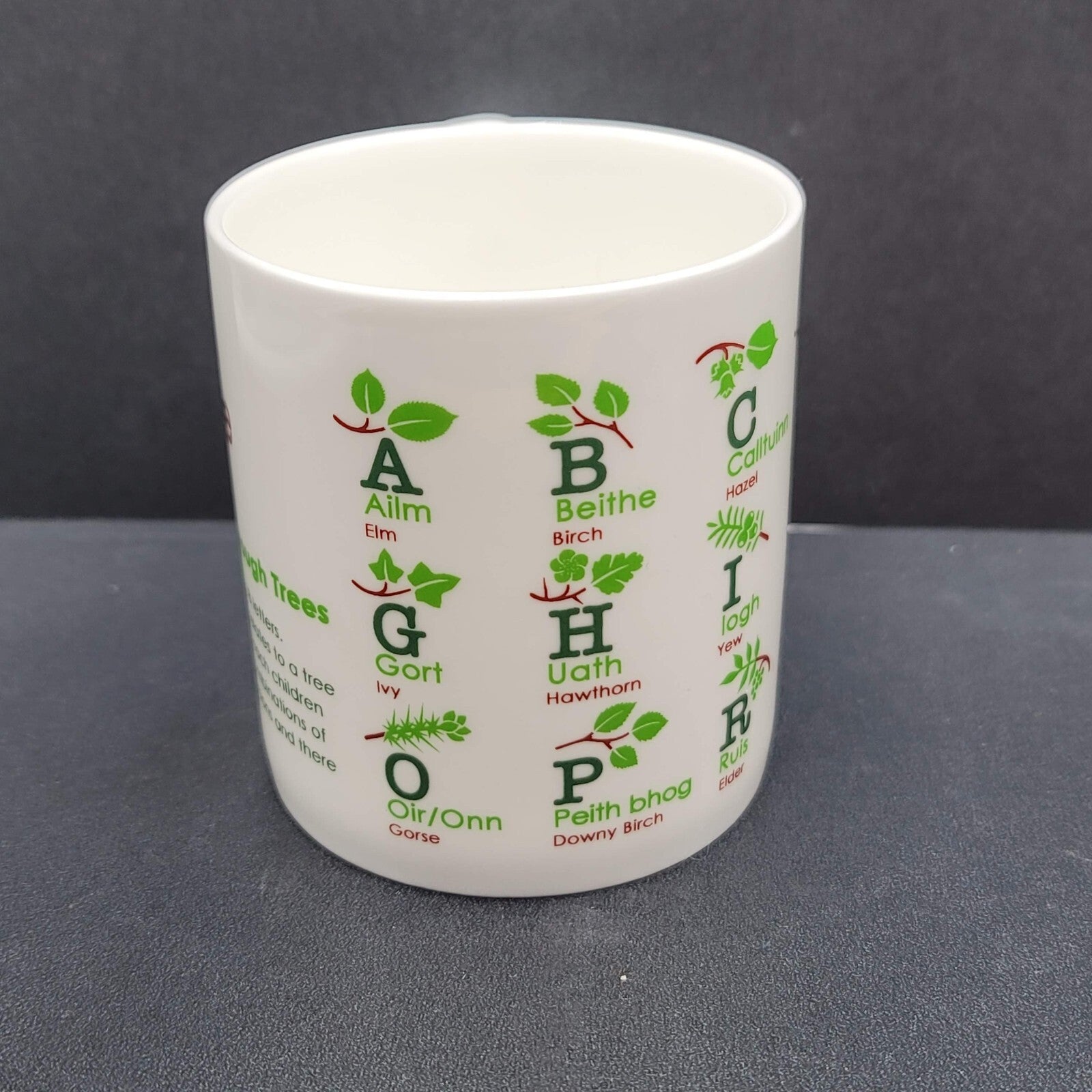 Aros Coffee Mug Cup Gaelic Alphabet Through Trees 3.25"