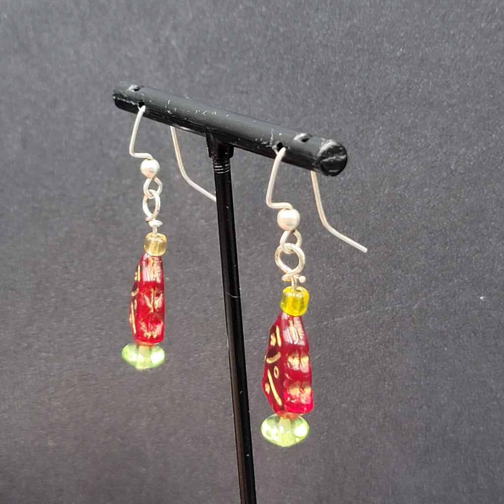 Pierced Earrings Silver tone Red Glass Bead Christmas Tree Dangle 1"