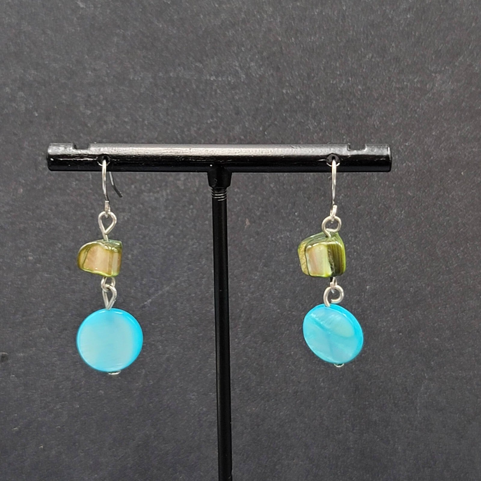 Pierced Earrings Green Blue Shell Bead Dangle Silver tone Hooks 1"