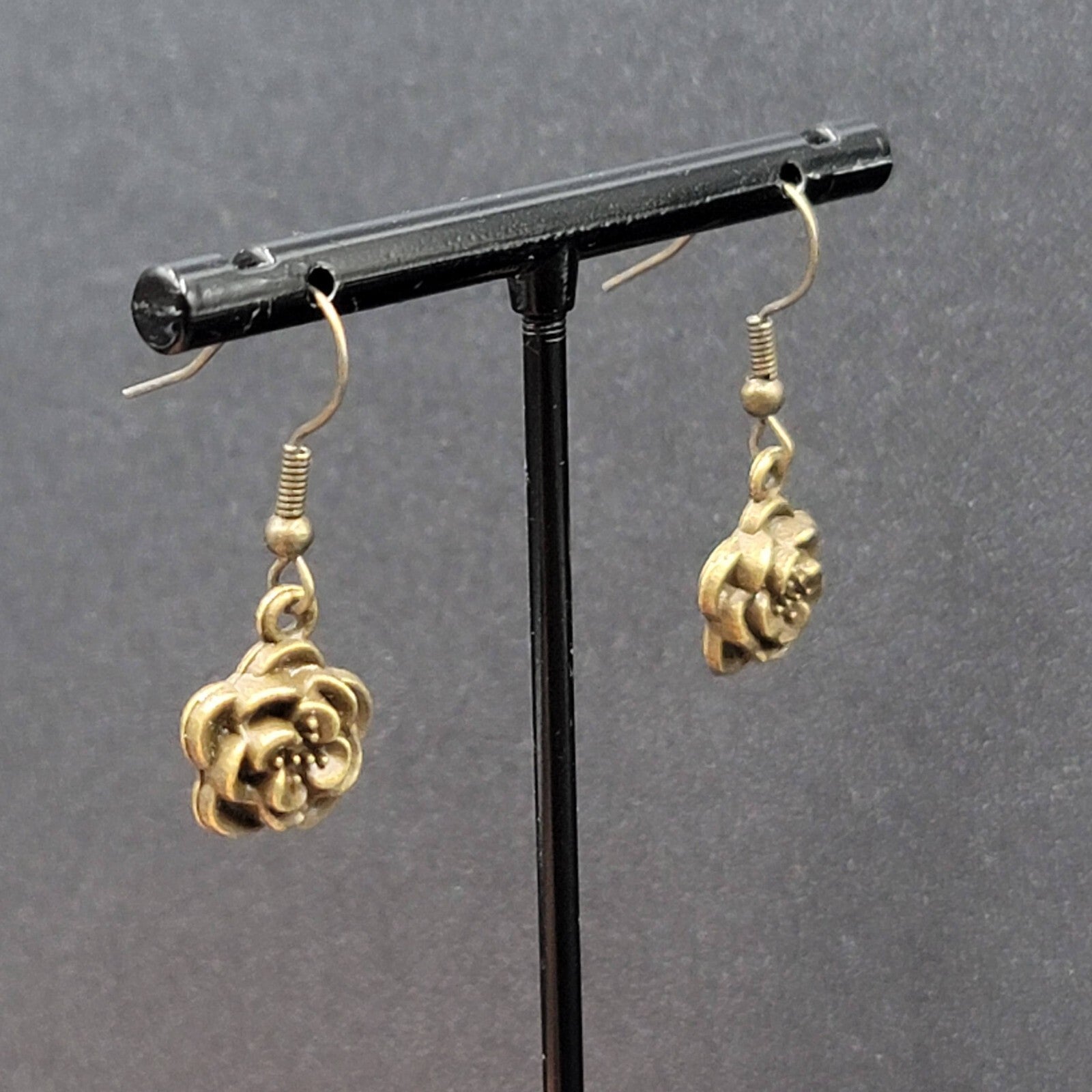 NEW Flower Pierced Earrings Bronze tone Embossed 3D Dangle 5/8"