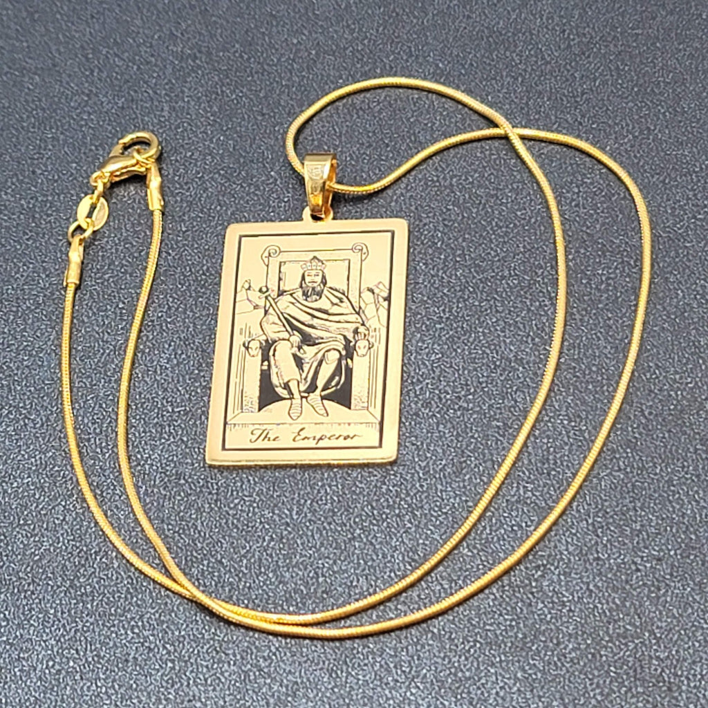 The EMPEROR Tarot Card Pendant Necklace Major Arcana Gold tone 18”.